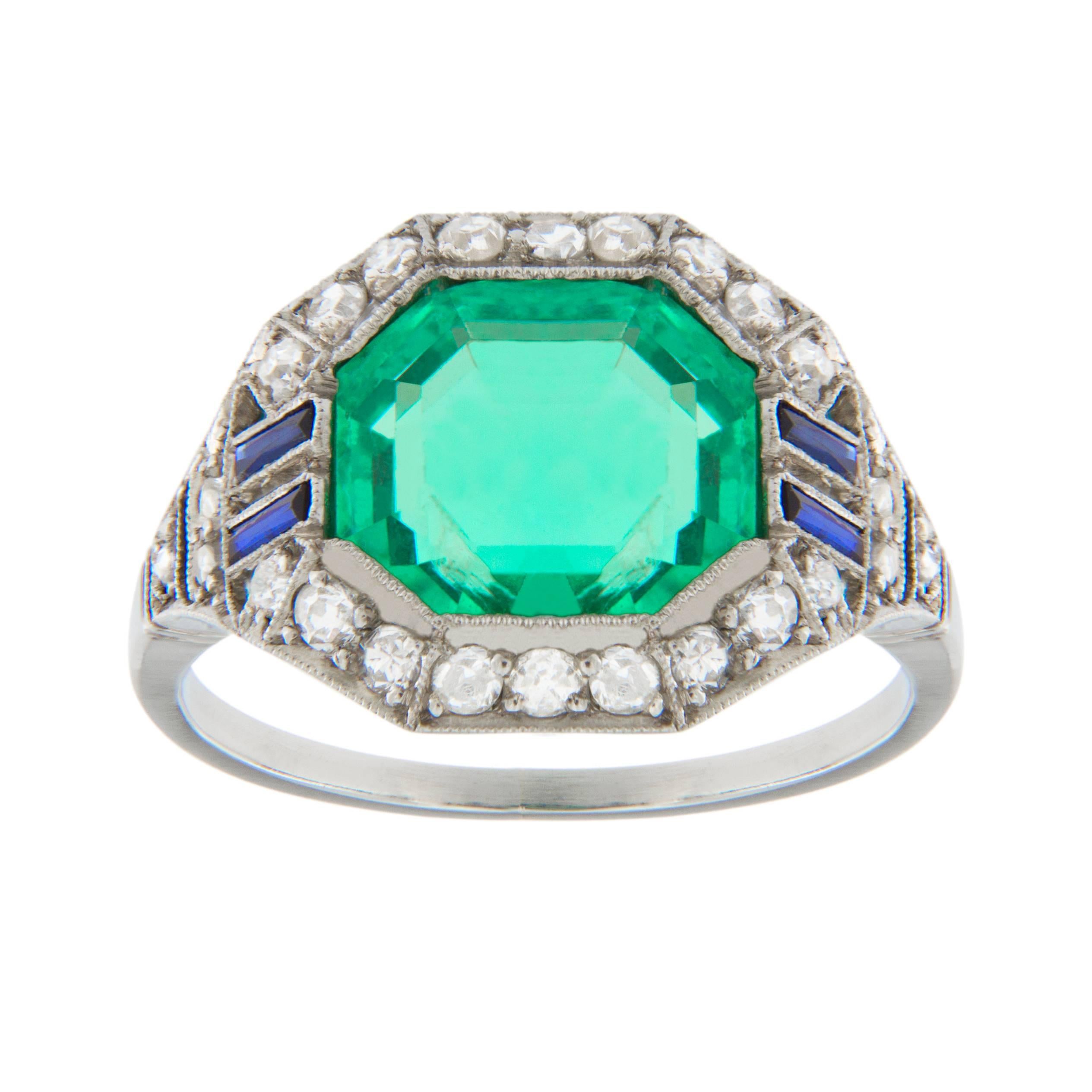 Colombian Emerald Diamond Platinum Art Deco Ring
