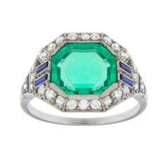 Colombian Emerald Diamond Platinum Art Deco Ring