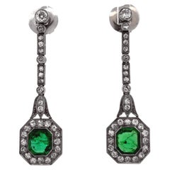 Colombian Emerald & Diamond Platinum Drop Earrings GIA Jewelry Report Certified