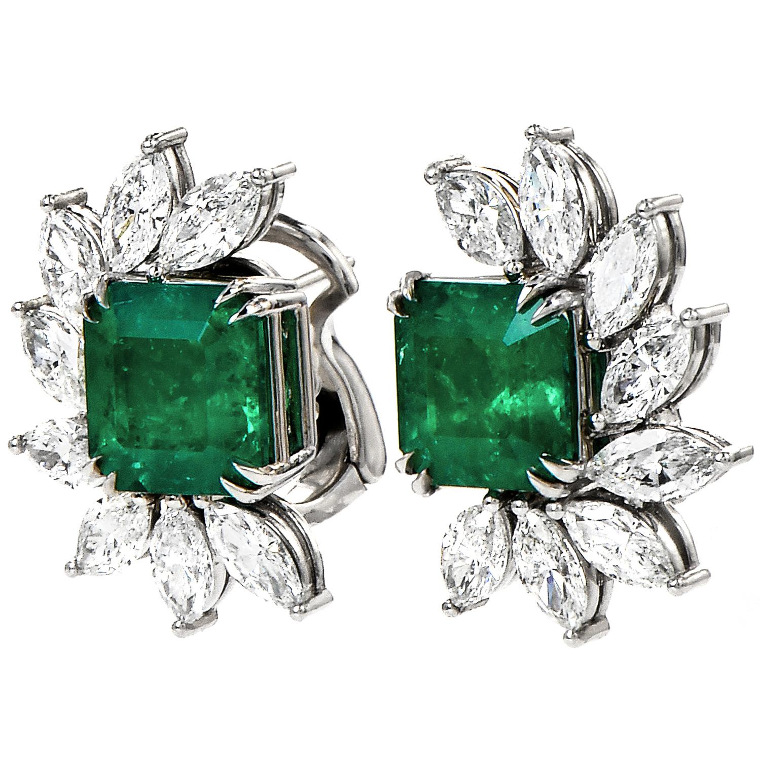 These earrings are the perfect adornment to enhance the beauty of your loved ones.

they are crafted in solid platinum.

Each center has a Vivid Green Emerald, square emerald Cut, prong Set, weighing collectively approx: 5.82 carats.

Giving a