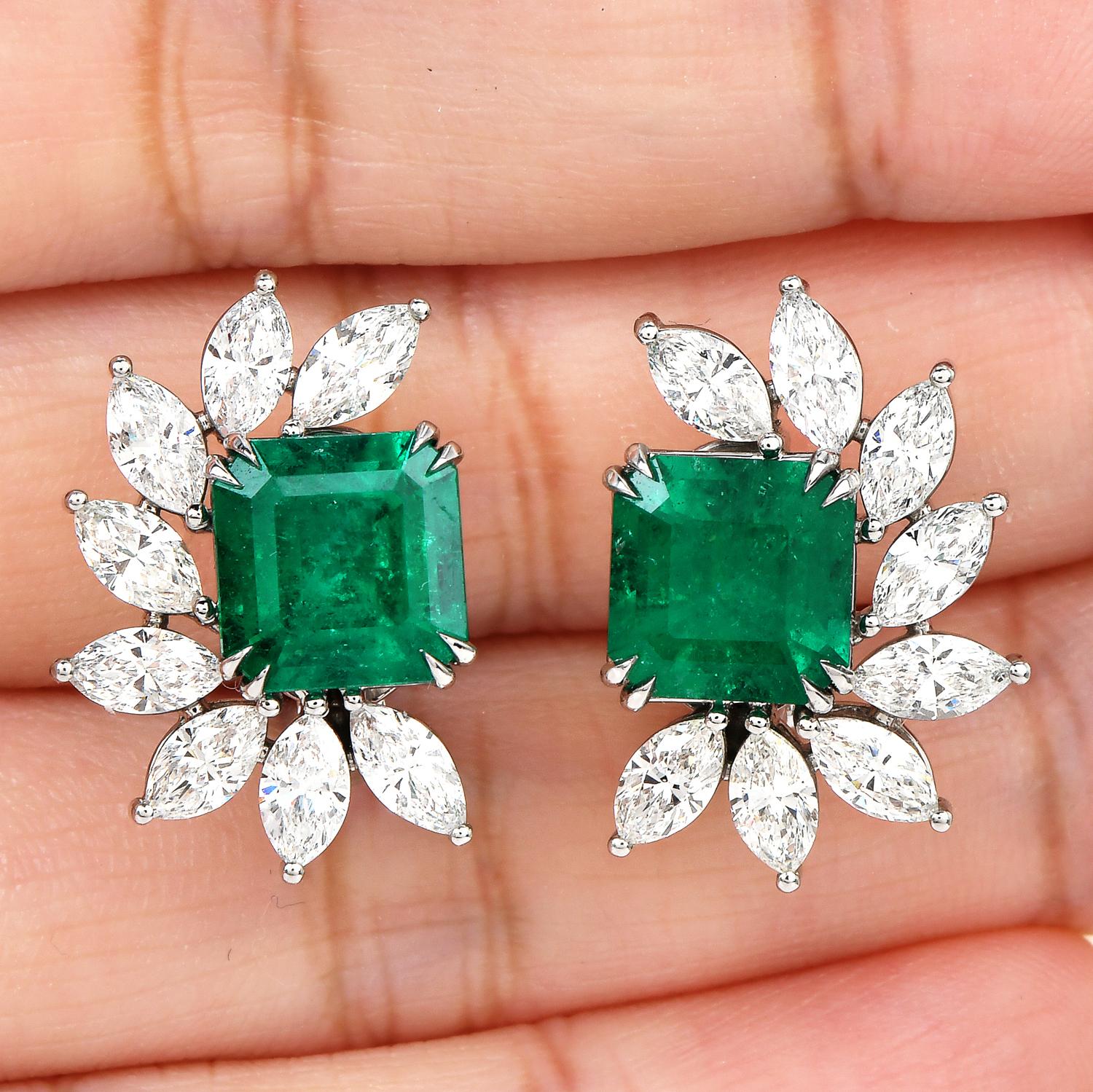 Emerald Cut Colombian Emerald Diamond Platinum Half Halo Clip-On Flower Earrings