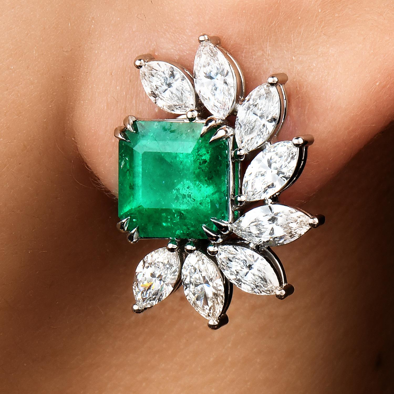 Women's Colombian Emerald Diamond Platinum Half Halo Clip-On Flower Earrings