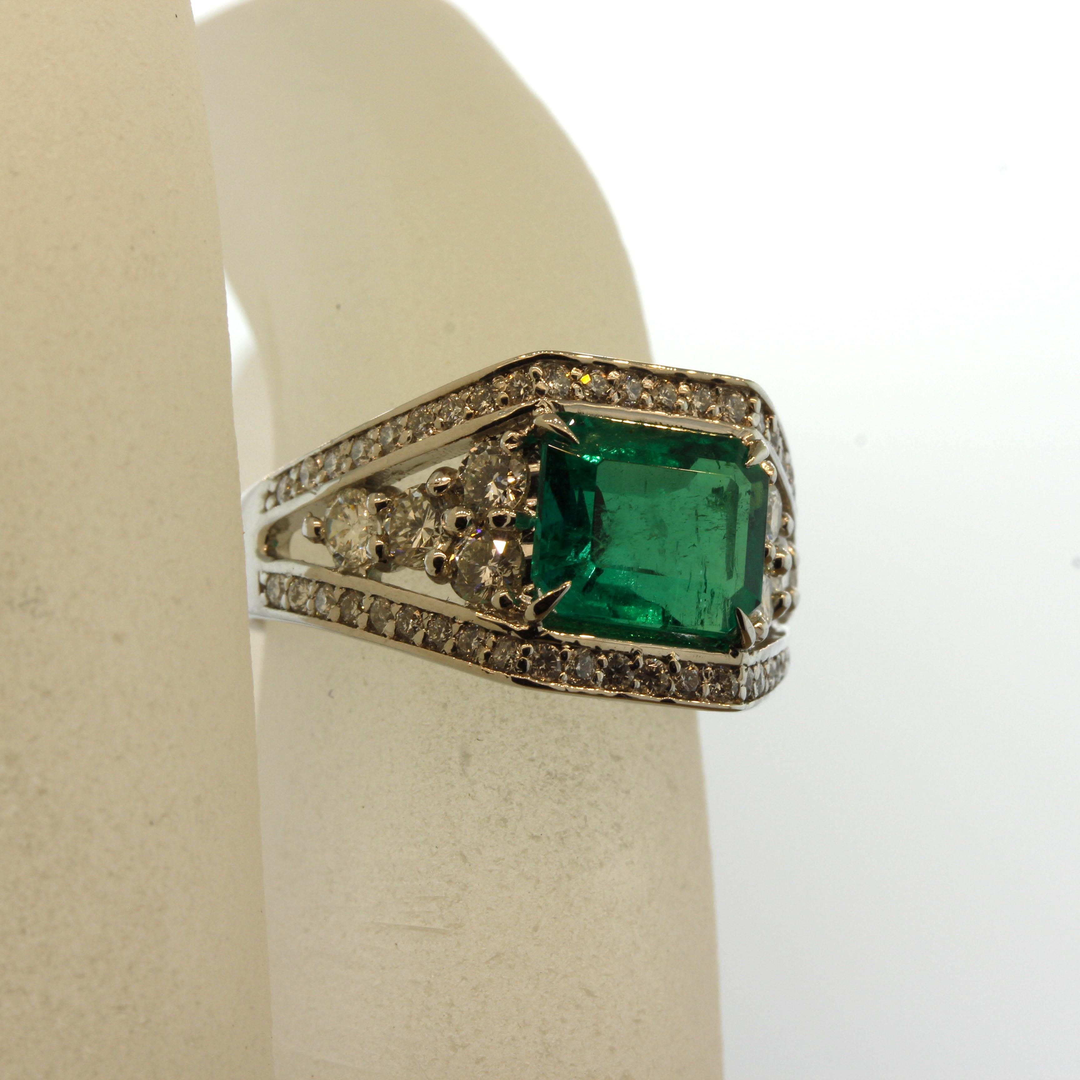 Emerald Cut Colombian Emerald Diamond Platinum Ring, GRS Certified Insignificant Oil For Sale