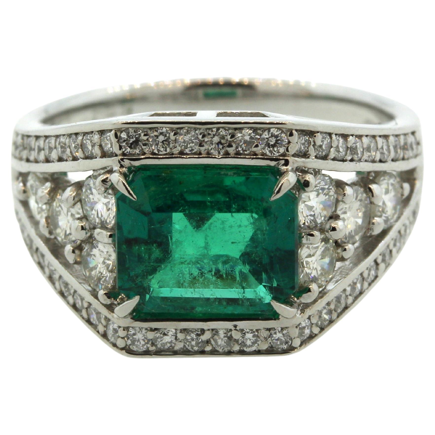 Colombian Emerald Diamond Platinum Ring, GRS Certified Insignificant Oil For Sale