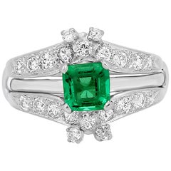 Colombian Emerald Diamond Platinum  Wedding Ring Set
