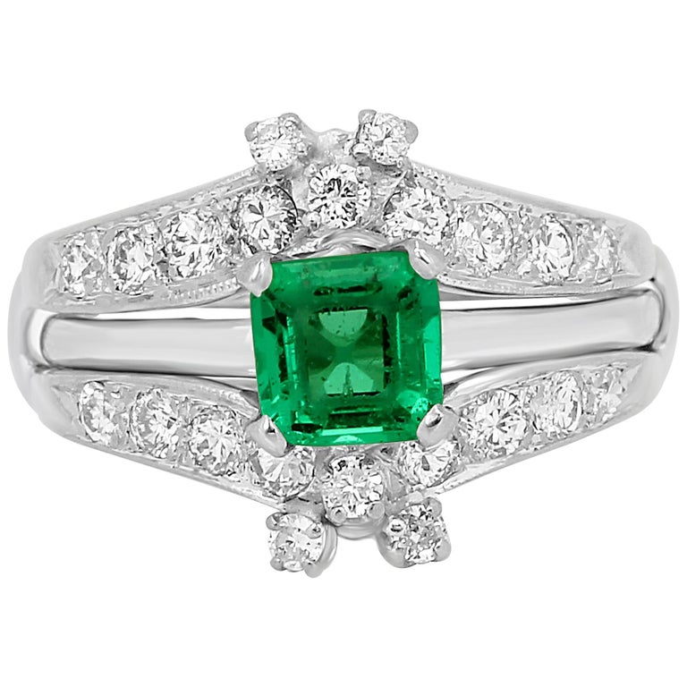Colombian Emerald Diamond Platinum Wedding Ring Set For Sale