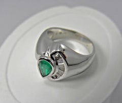 Colombian Emerald Bezel Diamond Mens Gents Unisex Ring Band 18K White Gold