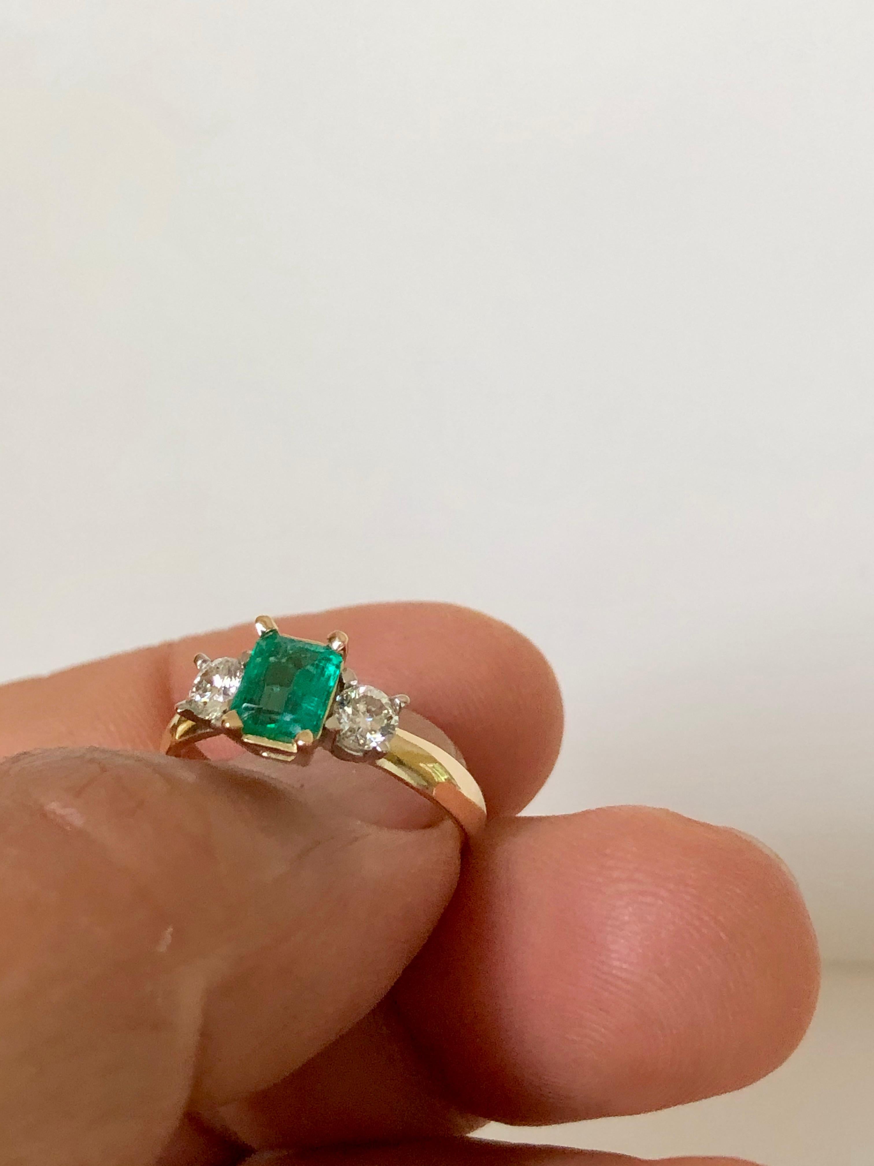 Emerald Cut Colombian Emerald Diamond Three-Stone Engagement Ring 18 Karat For Sale