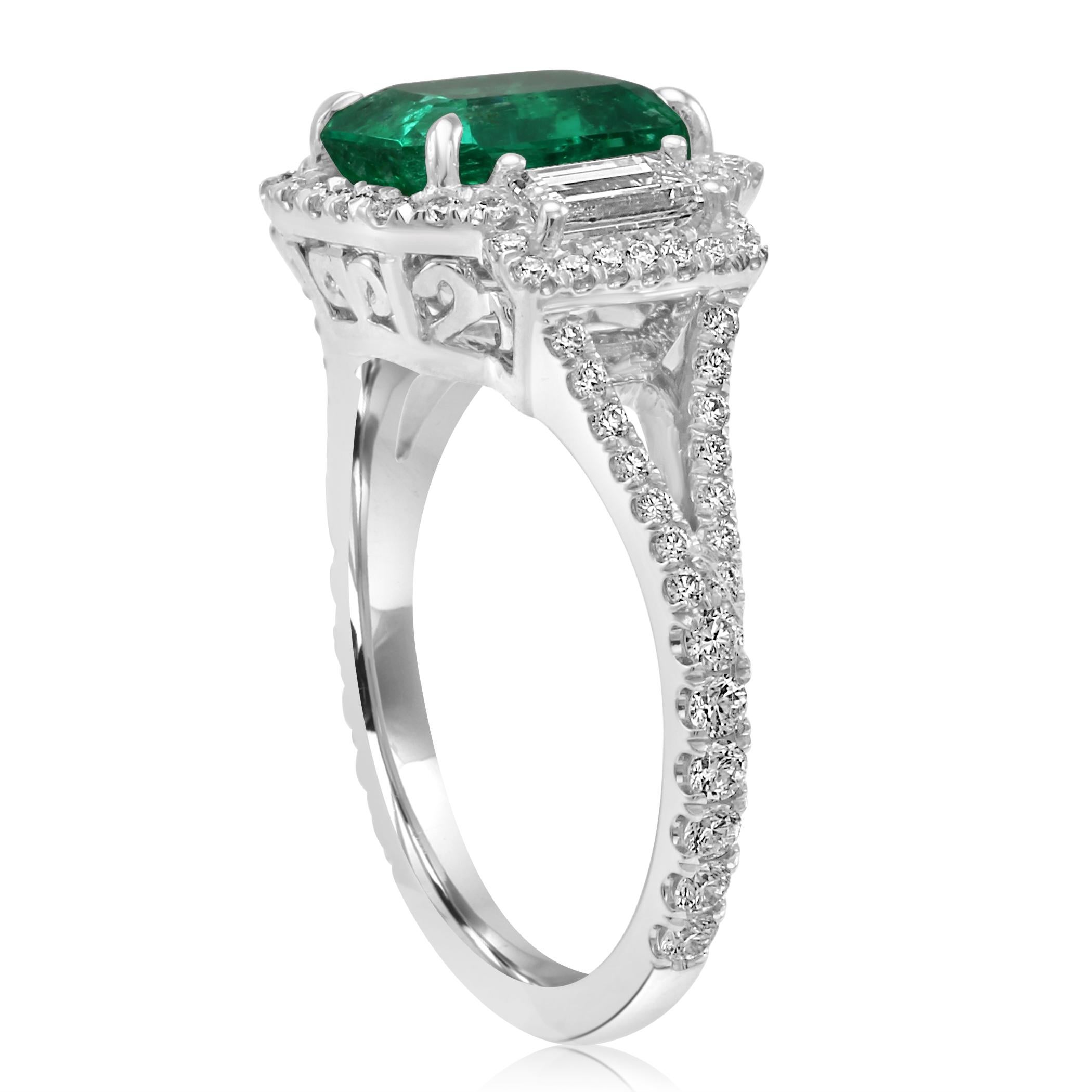 Emerald Cut Colombian Emerald Diamond Three-Stone Halo Fashion Cocktail White Gold Ring