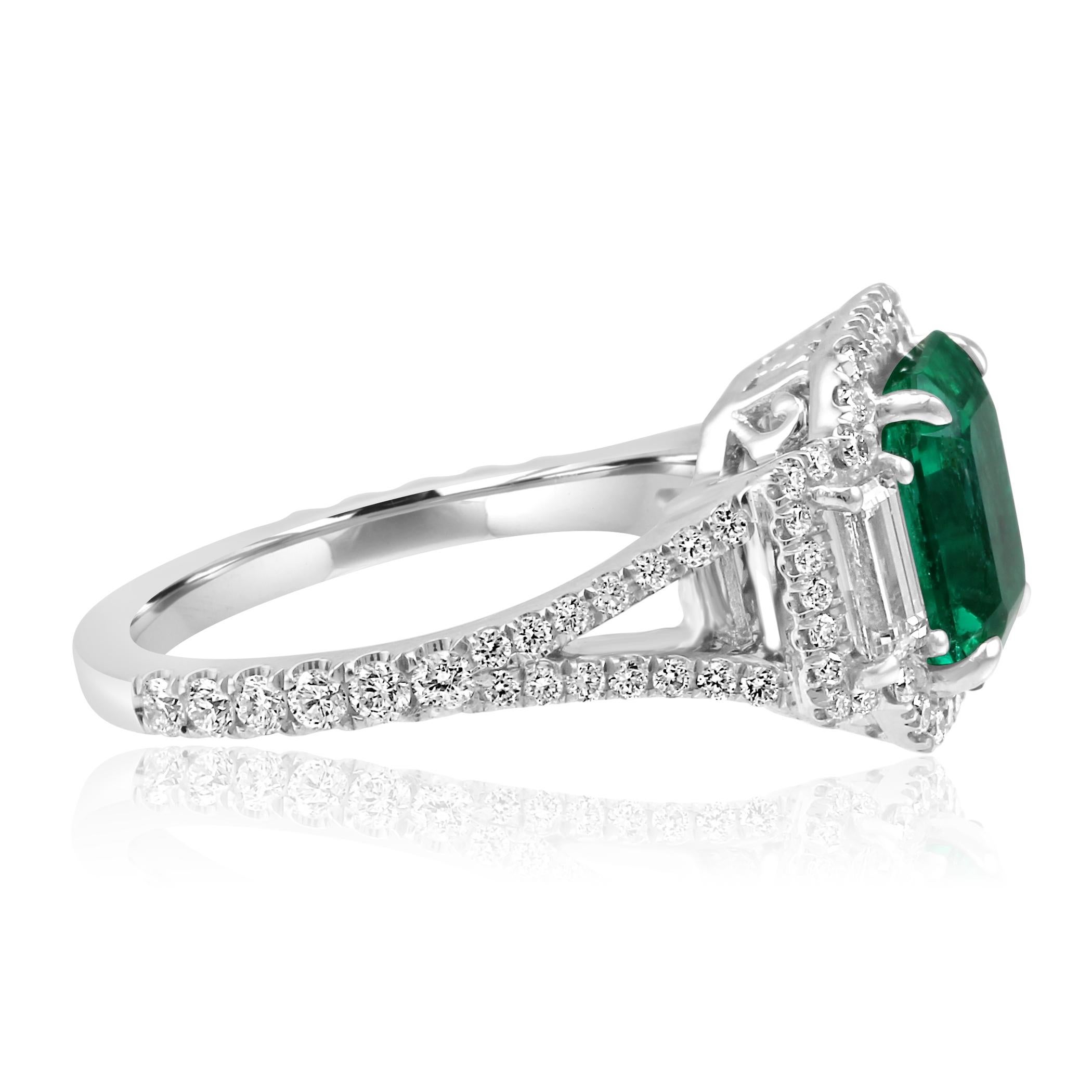 Women's or Men's Colombian Emerald Diamond Three-Stone Halo Fashion Cocktail White Gold Ring