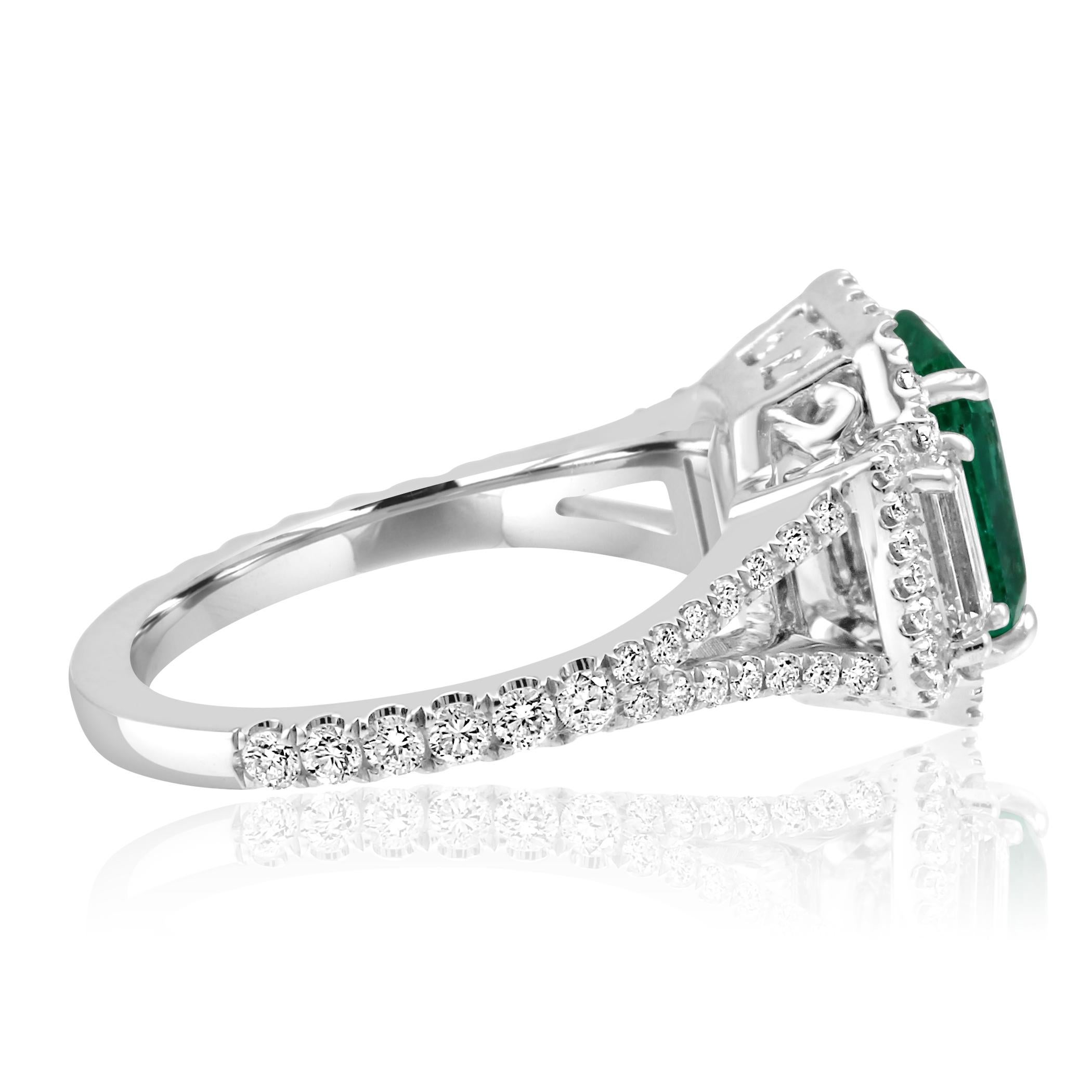 Colombian Emerald Diamond Three-Stone Halo Fashion Cocktail White Gold Ring 1