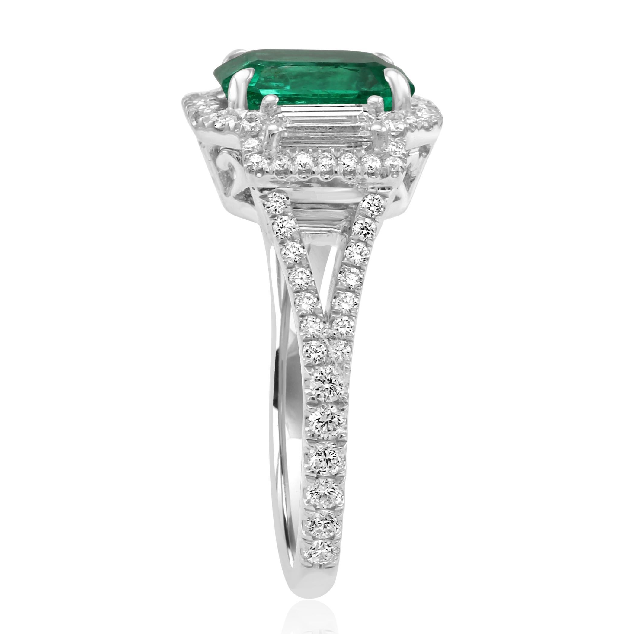 Colombian Emerald Diamond Three-Stone Halo Fashion Cocktail White Gold Ring 2