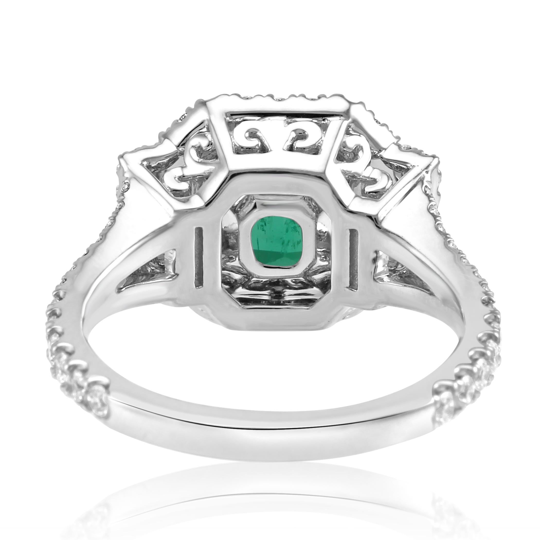 Colombian Emerald Diamond Three-Stone Halo Fashion Cocktail White Gold Ring 3
