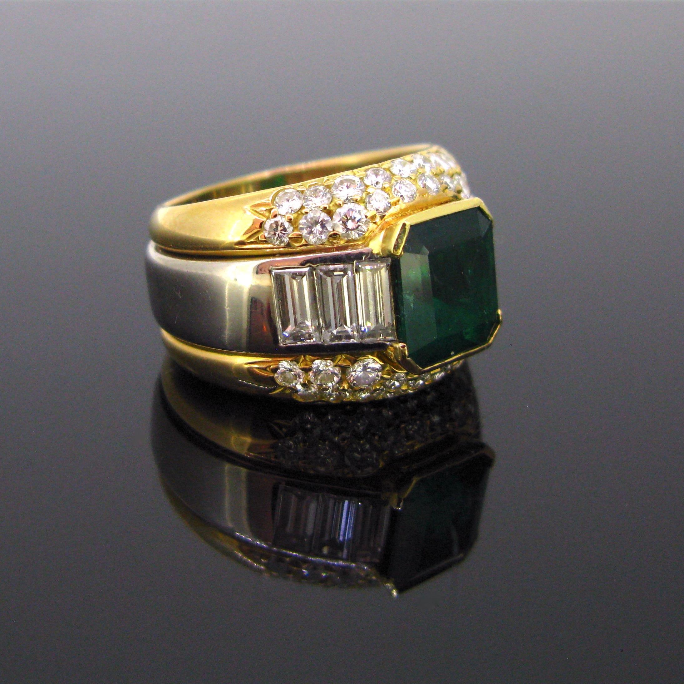 This Cocktail ring features an emerald cut emerald weighing approximately 2.75ct. The emerald has been tested from Colombian – Moderate. The ring is set with three baguette cut diamonds on each side, each weighing around 0.20ct and it is also