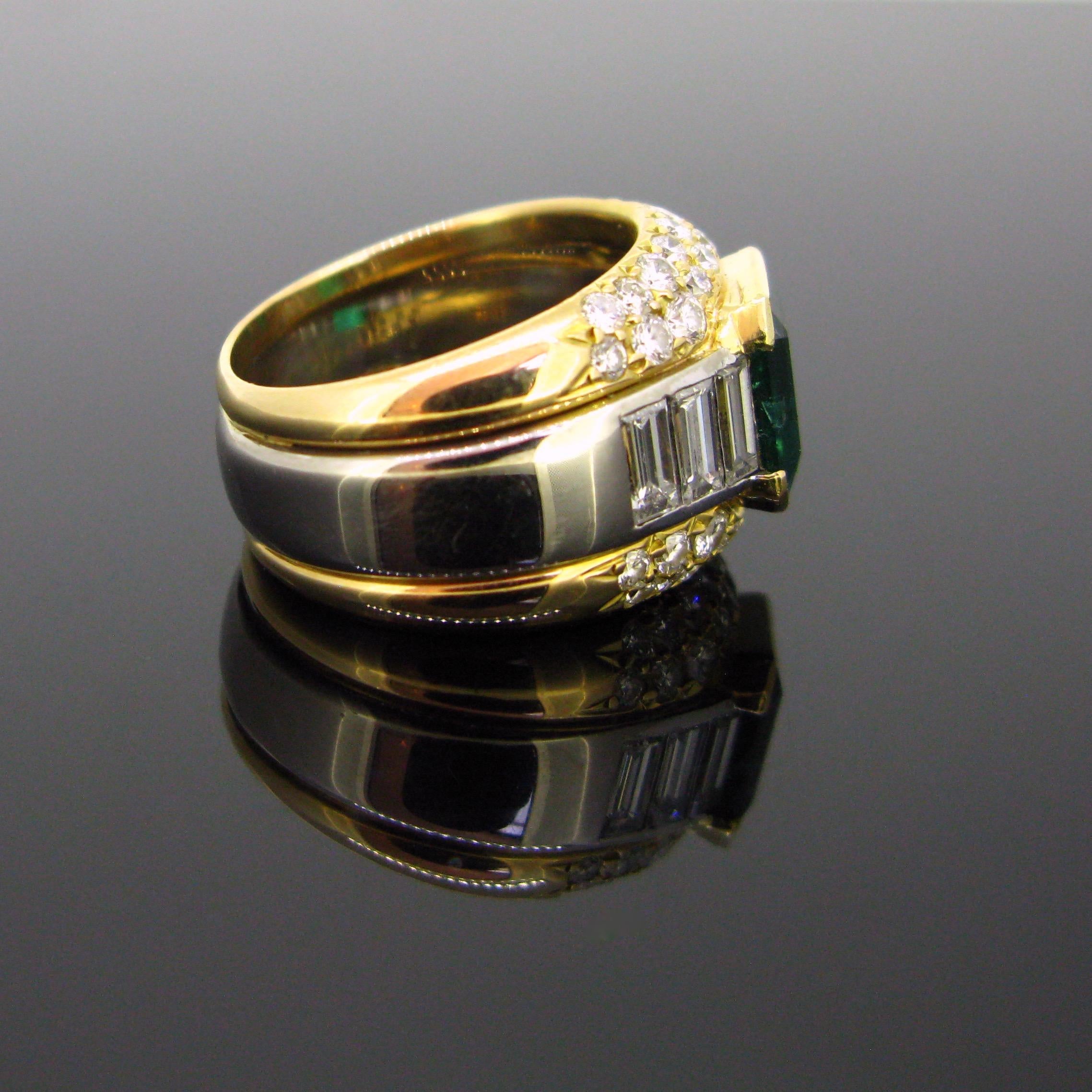 Modern Colombian Emerald Diamonds Yellow and White gold Cocktail Band Dome Ring