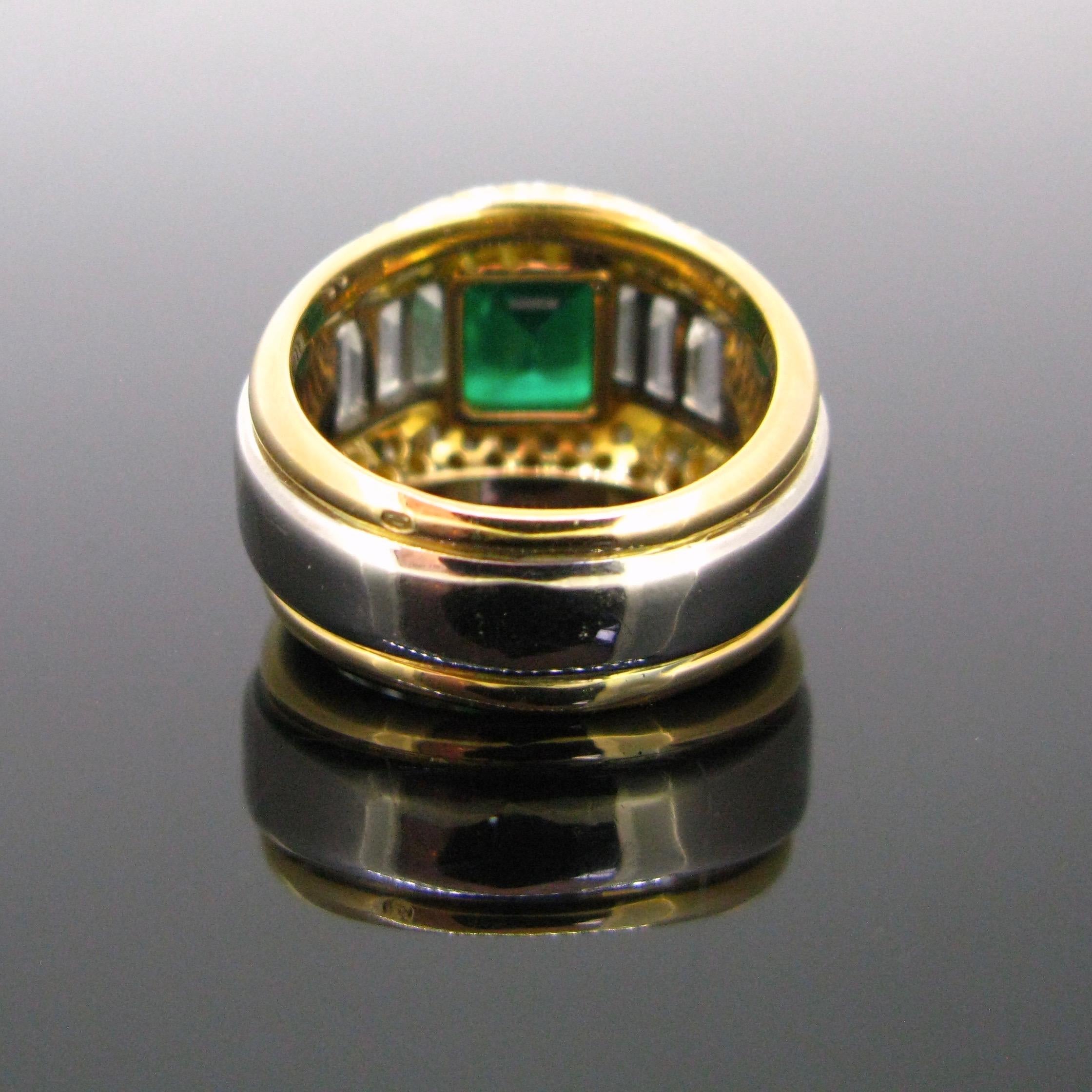 Emerald Cut Colombian Emerald Diamonds Yellow and White gold Cocktail Band Dome Ring