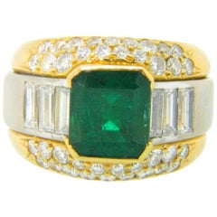 Colombian Emerald Diamonds Yellow and White Gold Cocktail Band Dome Ring