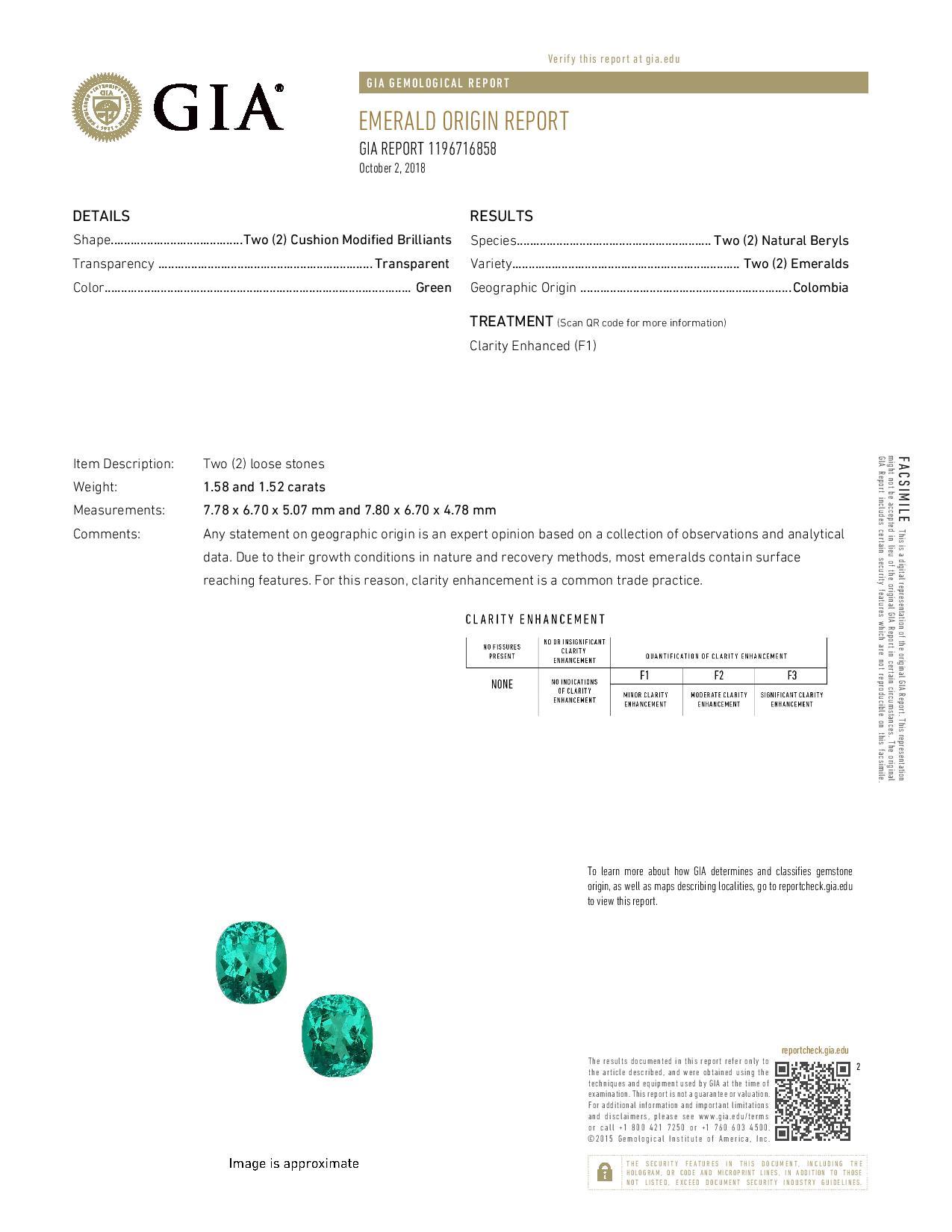 Modern Colombian Emerald Gemstone Pair 3.11 Carats Cushion Loose Gems
