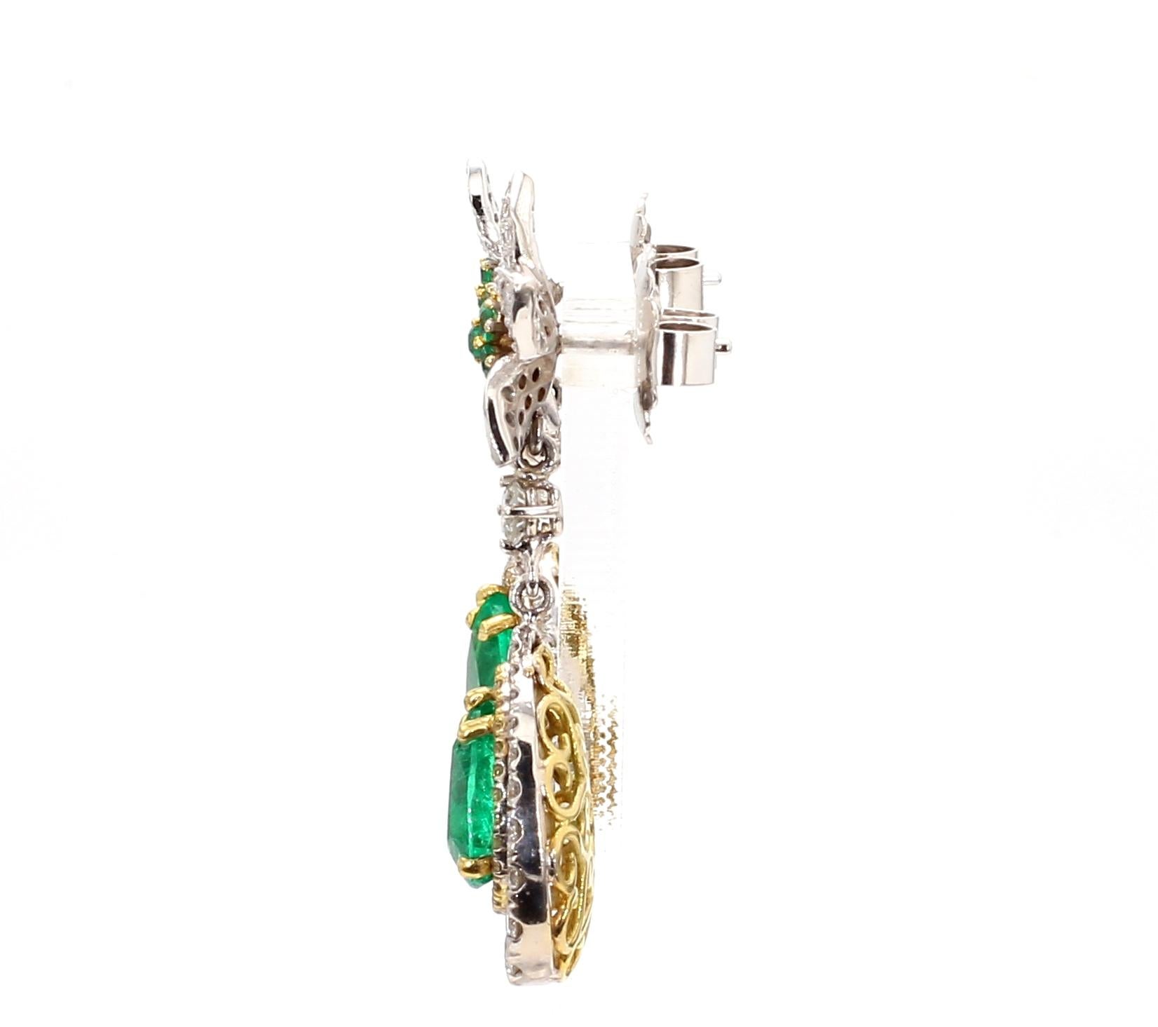 Emerald Cut Colombian Emerald Earrings Pear Shape GIA Certified 3.26 ct 18K Two Tone Gold For Sale