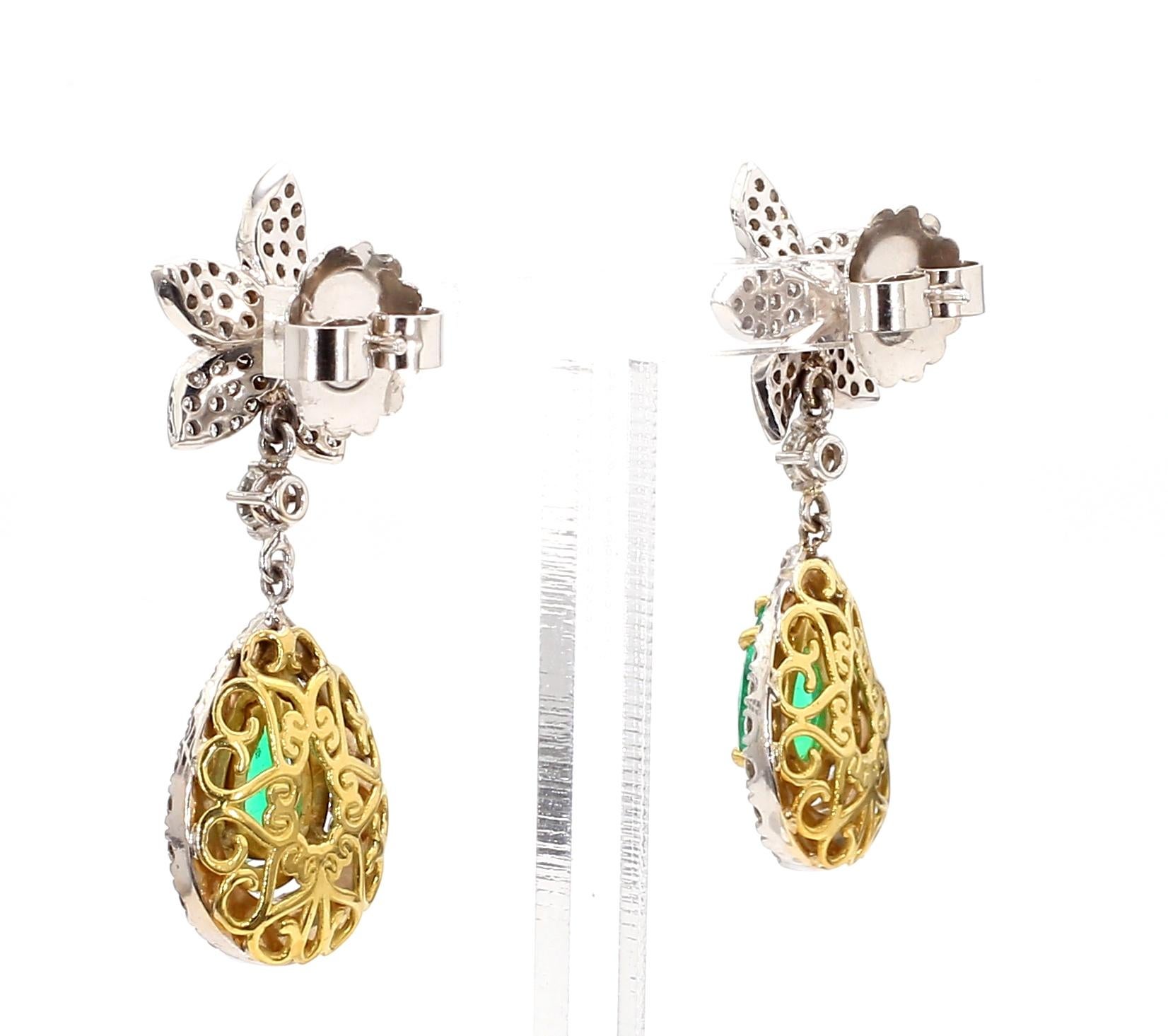 Colombian Emerald Earrings Pear Shape GIA Certified 3.26 ct 18K Two Tone Gold In New Condition For Sale In New York, NY
