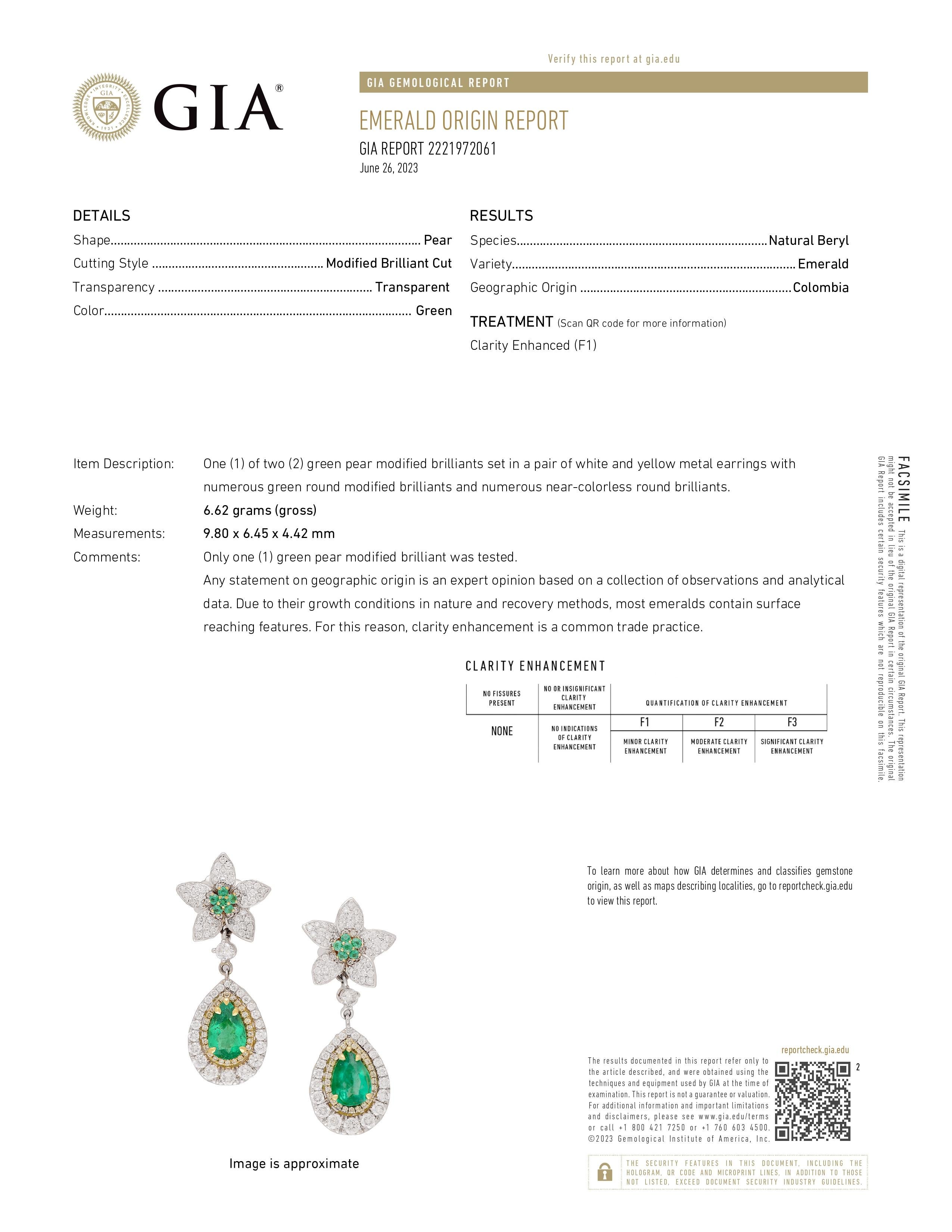 Colombian Emerald Earrings Pear Shape GIA Certified 3.26 ct 18K Two Tone Gold For Sale 4
