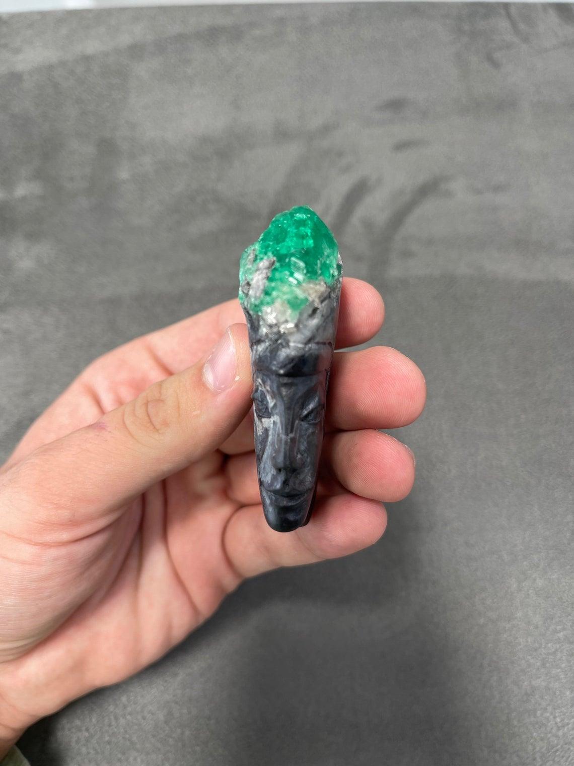 Women's or Men's Colombian Emerald Egyptian Goddess Rough Crystal Sculpture For Sale