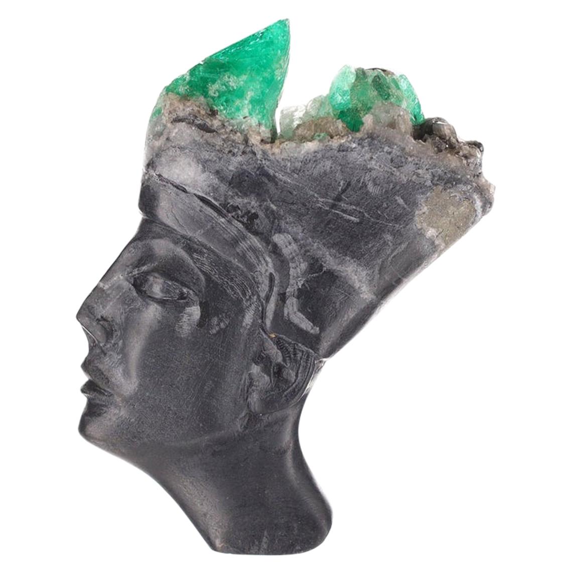 Colombian Emerald Egyptian Goddess Rough Crystal Sculpture For Sale
