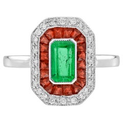 Colombian Emerald Engagement Ring with Orange Sapphire and Diamond Halo