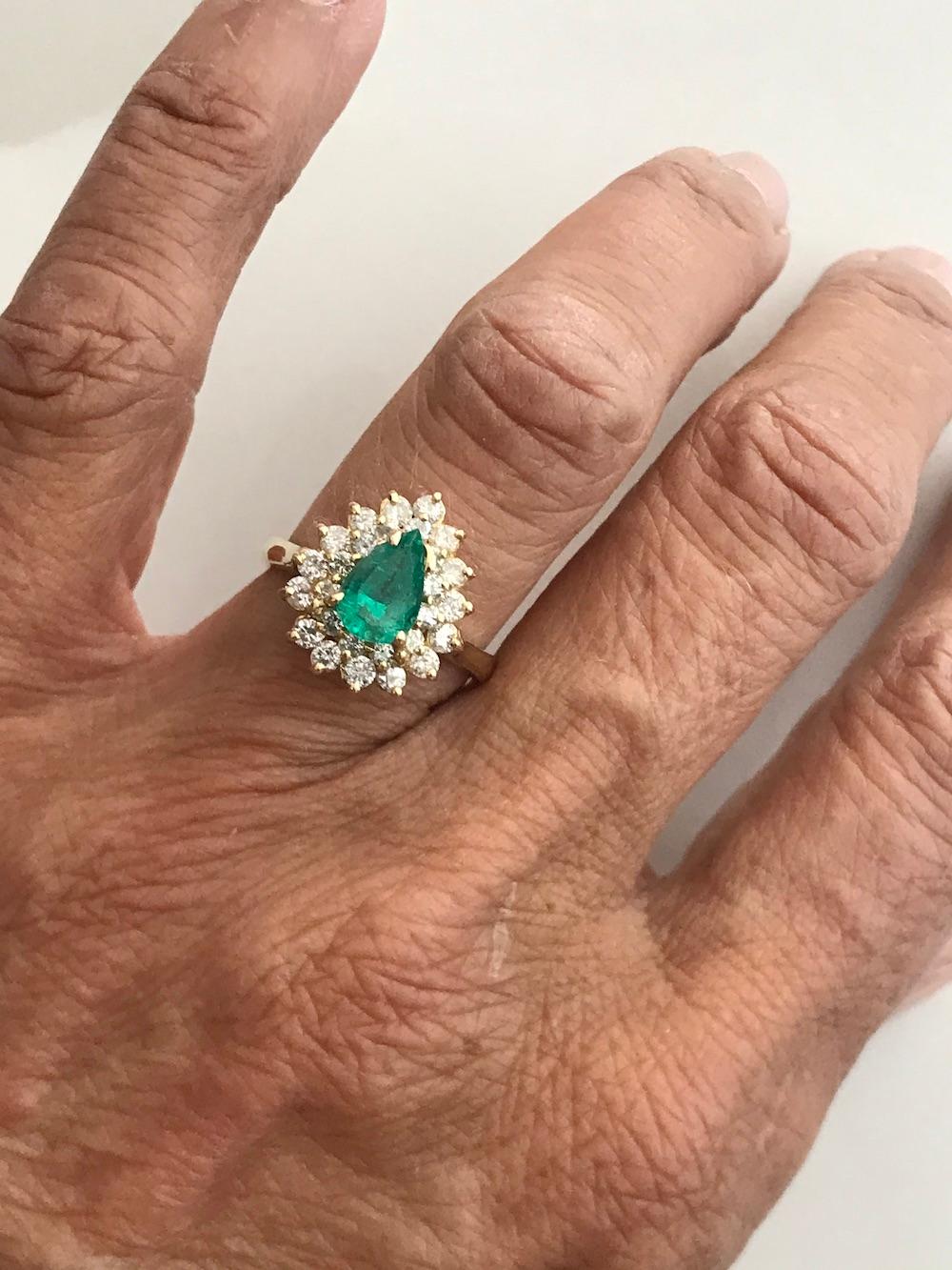 Pear Cut Colombian Emerald in Halo Diamond Ring 2.20 Carat Yellow Gold