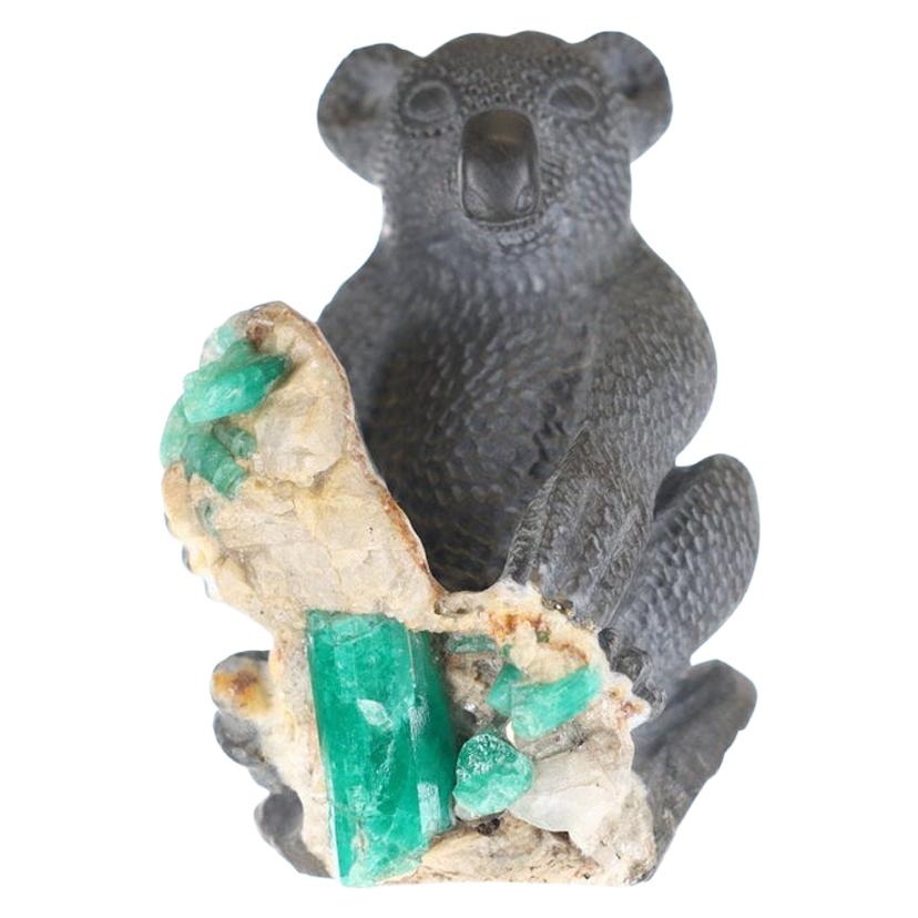 Colombian Emerald Koala Rough Crystal Sculpture For Sale