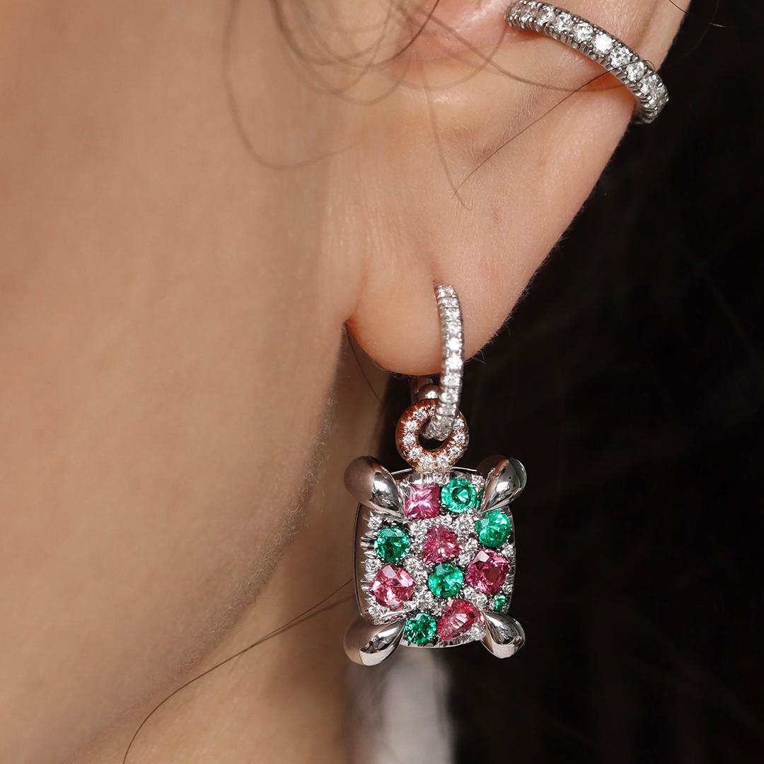 Muzo Colombian Emerald Mahenge Spinel White Diamond Charm Earrings For Sale 2