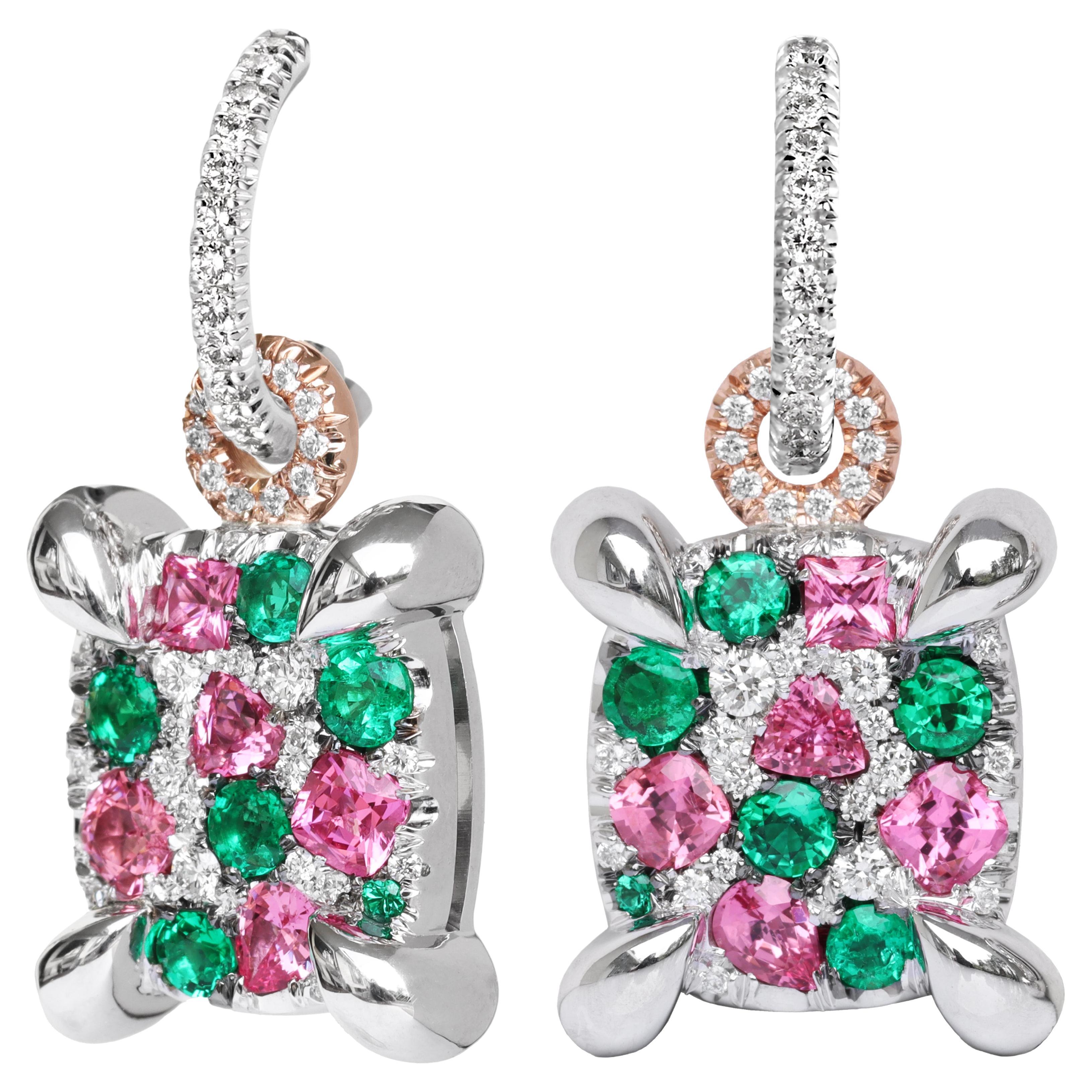 Muzo Colombian Emerald Mahenge Spinel White Diamond Charm Earrings For Sale