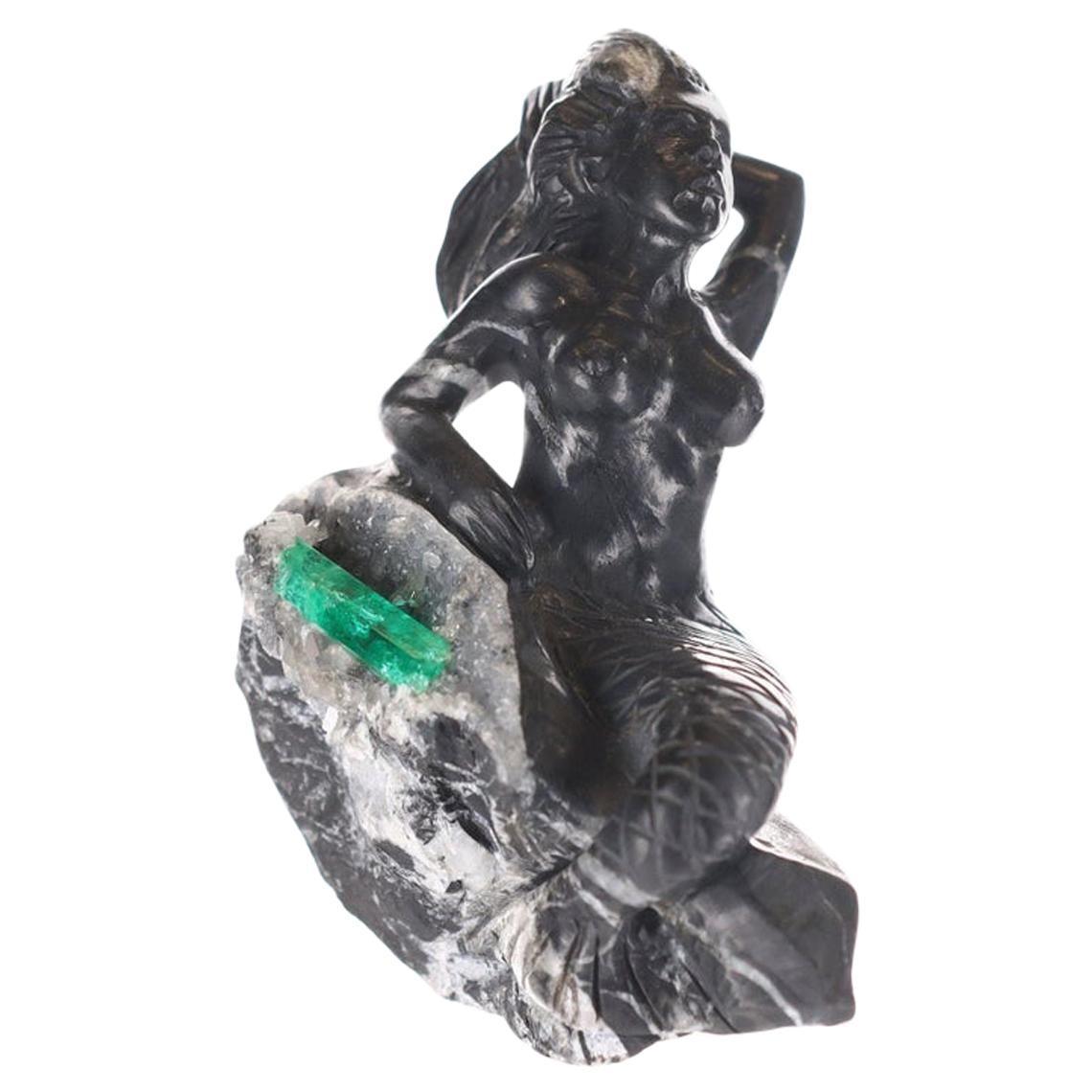 Colombian Emerald Mermaid Rough Crystal Sculpture For Sale