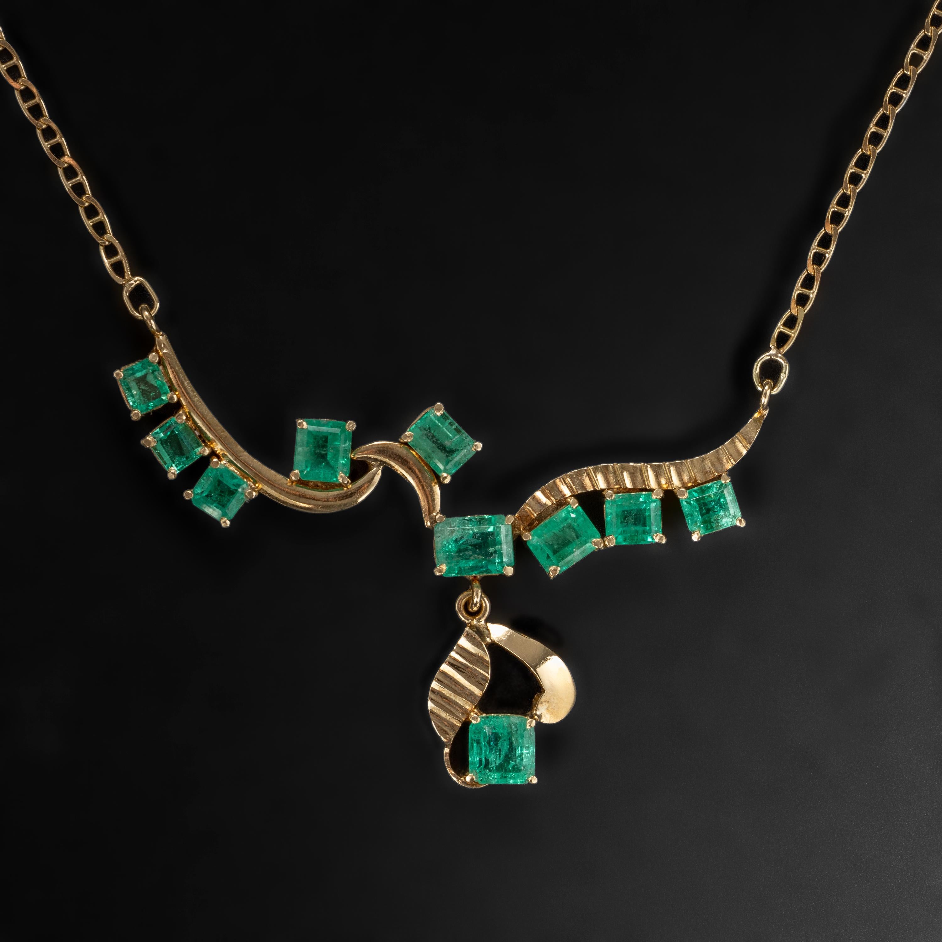 This 4.32-carat Colombian emerald necklace was purchased by a small-town jeweler in the 1980s. He then placed it in his safe and forgot about it for the next few decades. So although it dates to approximately 1982, it has never been worn and is in