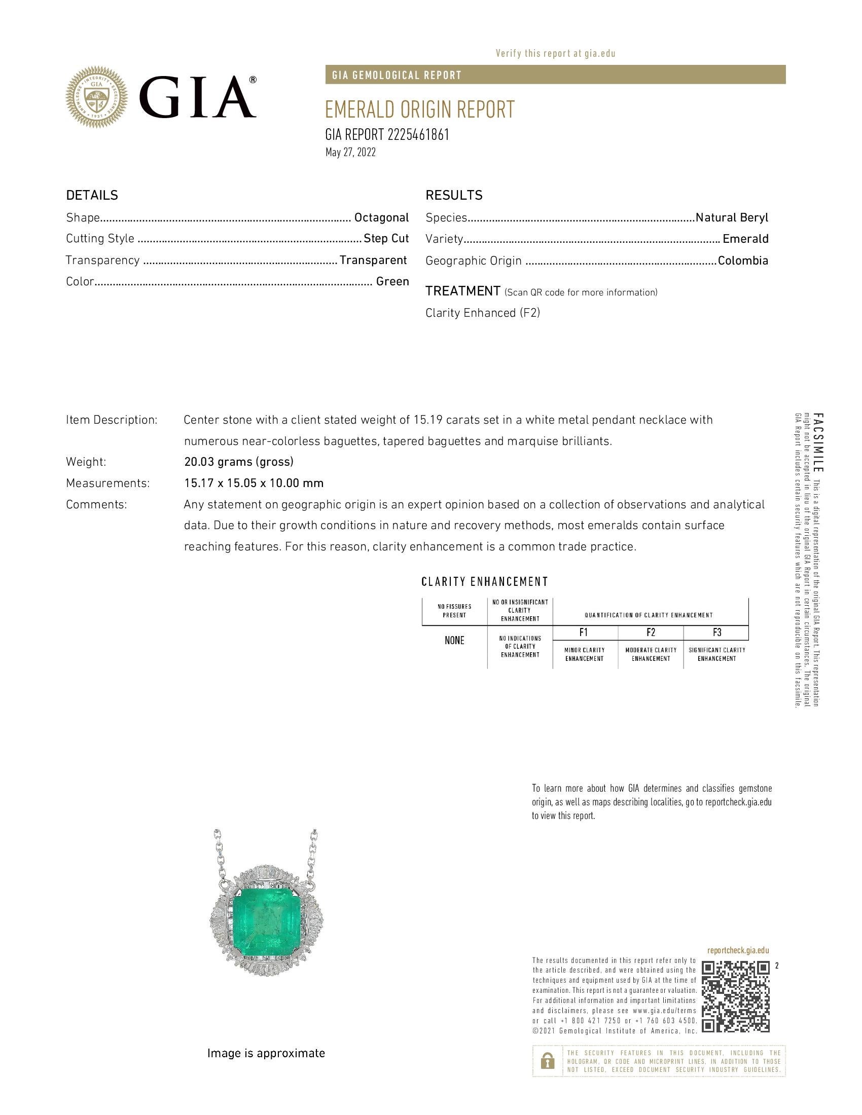 Article #8040 

Certifié GIA
Collier d'émeraude colombienne en platine pour dames 15,19 carats d'émeraude  et des diamants de 2,45 carats
Pierre centrale d'un poids déclaré par le client de 15,19 carats sertie dans un collier pendentif en métal
