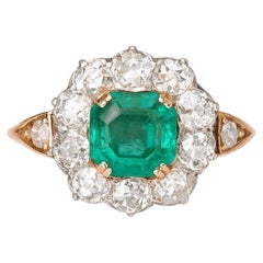 Colombian Emerald Old Mine Cut Diamond Ring