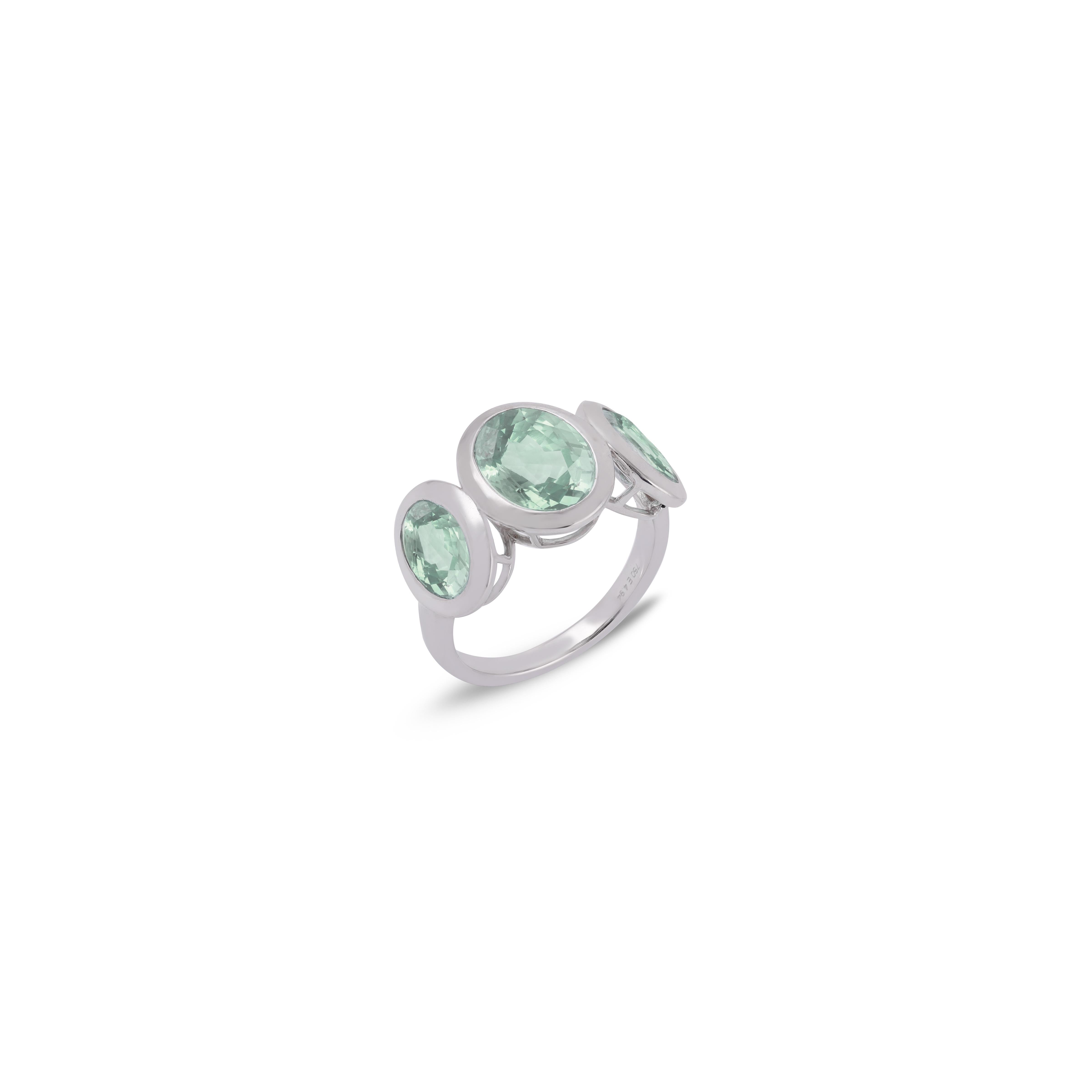 Oval Cut Colombian Emerald Oval Shape Three-Stone Ring 18k White Gold For Sale