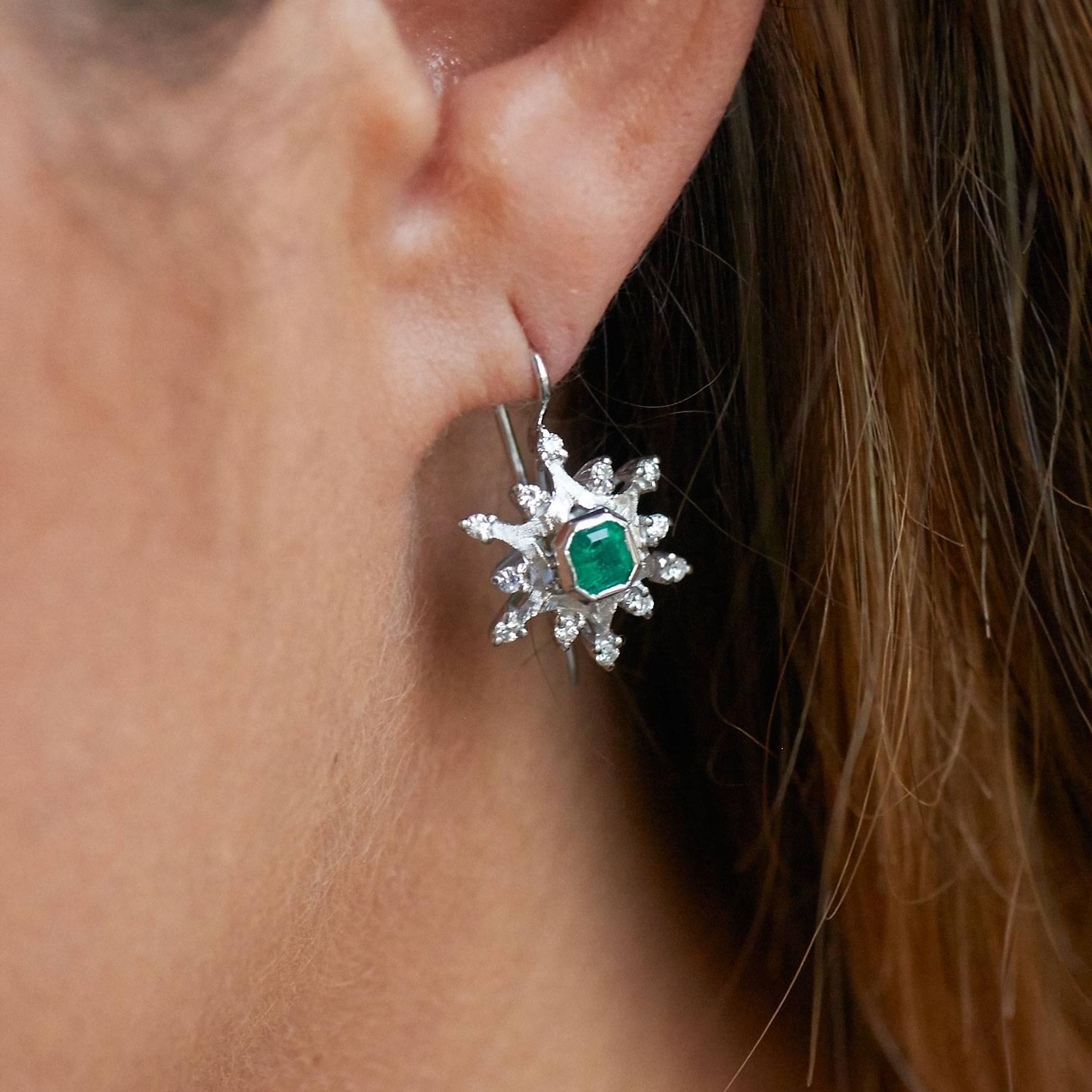 Colombian Emerald Pave Diamond Gold Earrings In Excellent Condition In Miami, FL