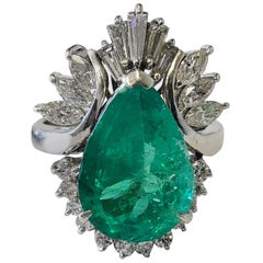 Colombian Emerald Pear Shape and Diamond Cocktail Ring in Platinum