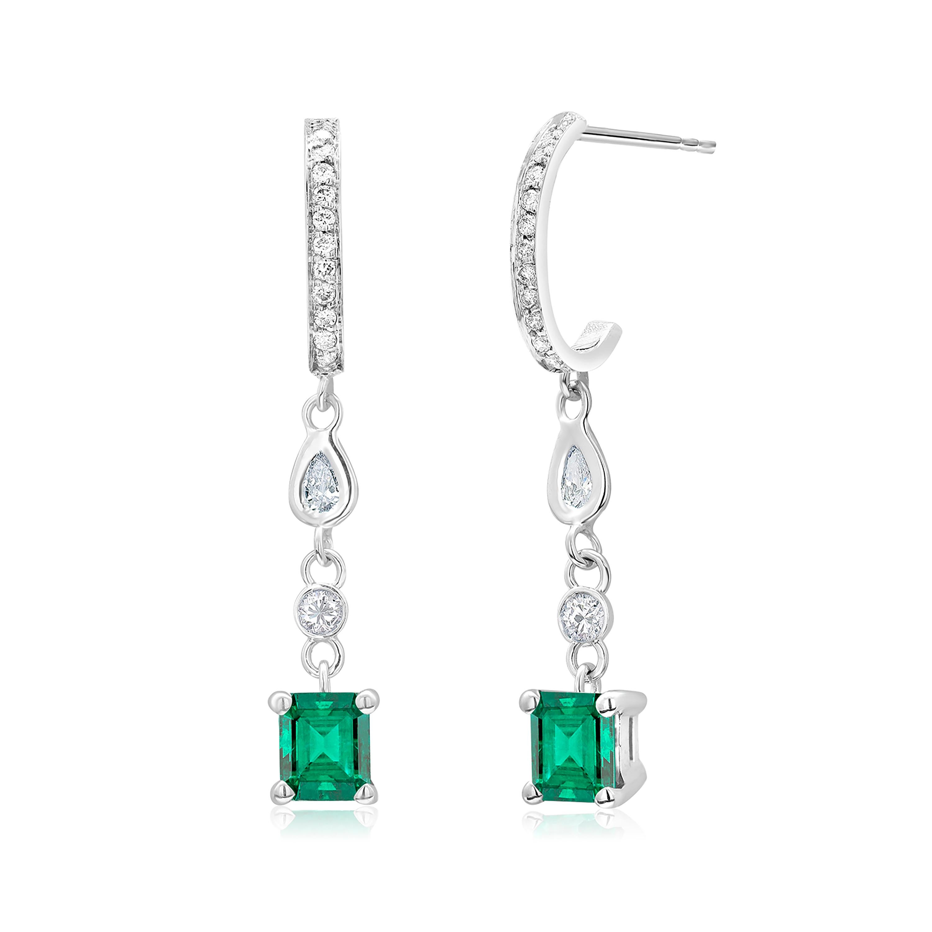 Emerald Cut Colombian Emerald, Pear Shaped Diamond Gold Diamond Hoop Earrings