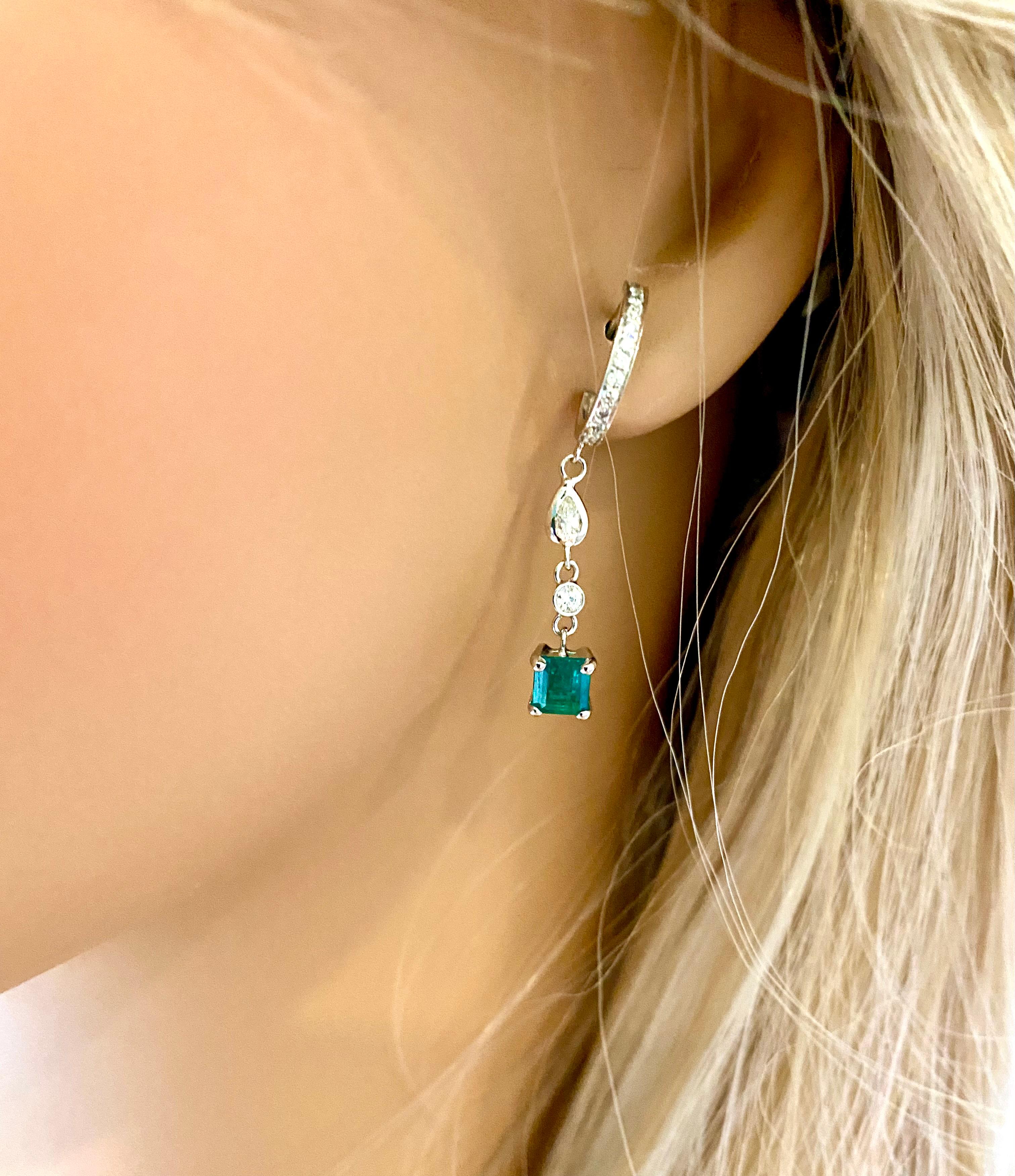 Contemporary Colombian Emerald, Pear Shaped Diamond Gold Diamond Hoop Earrings