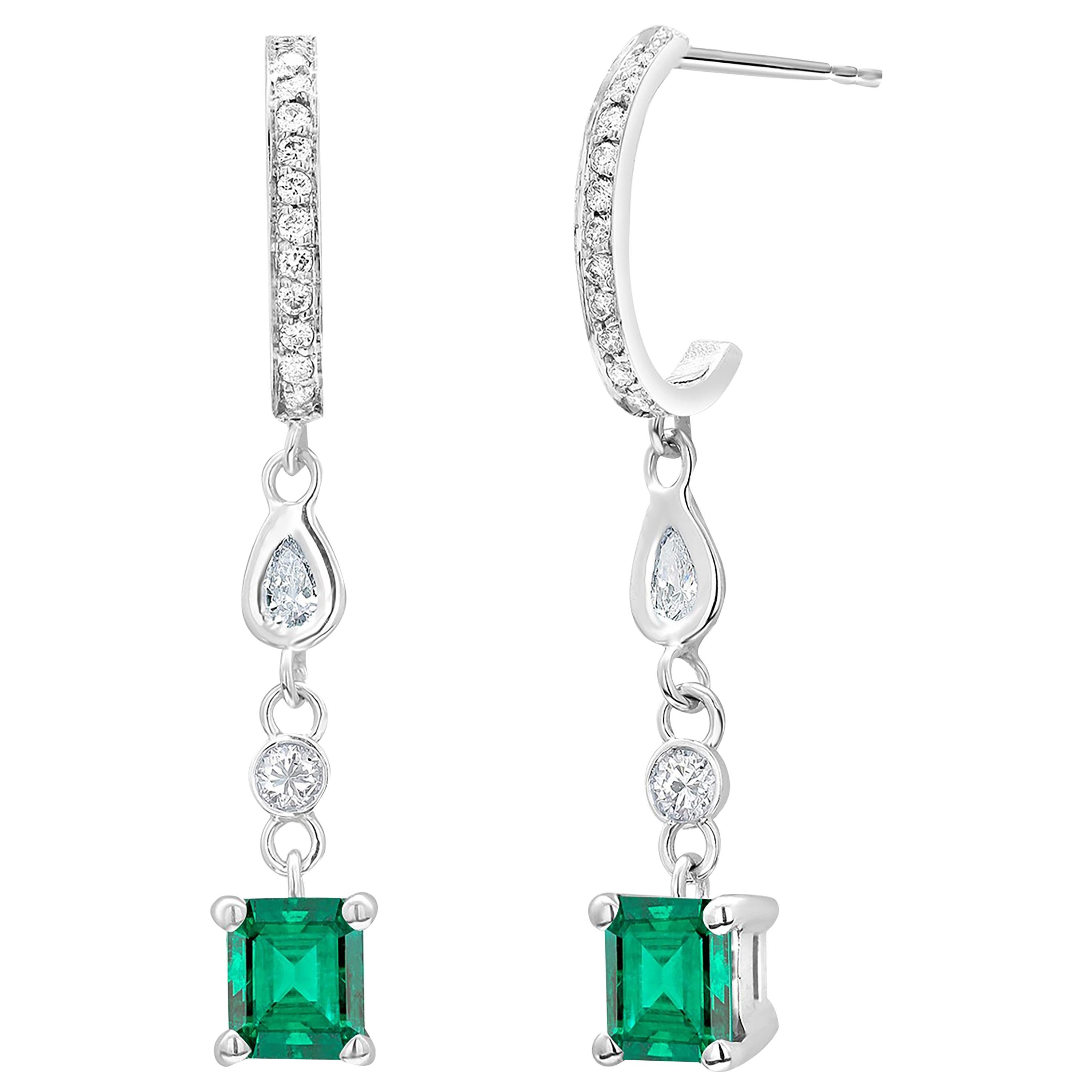 Colombian Emerald, Pear Shaped Diamond Gold Diamond Hoop Earrings