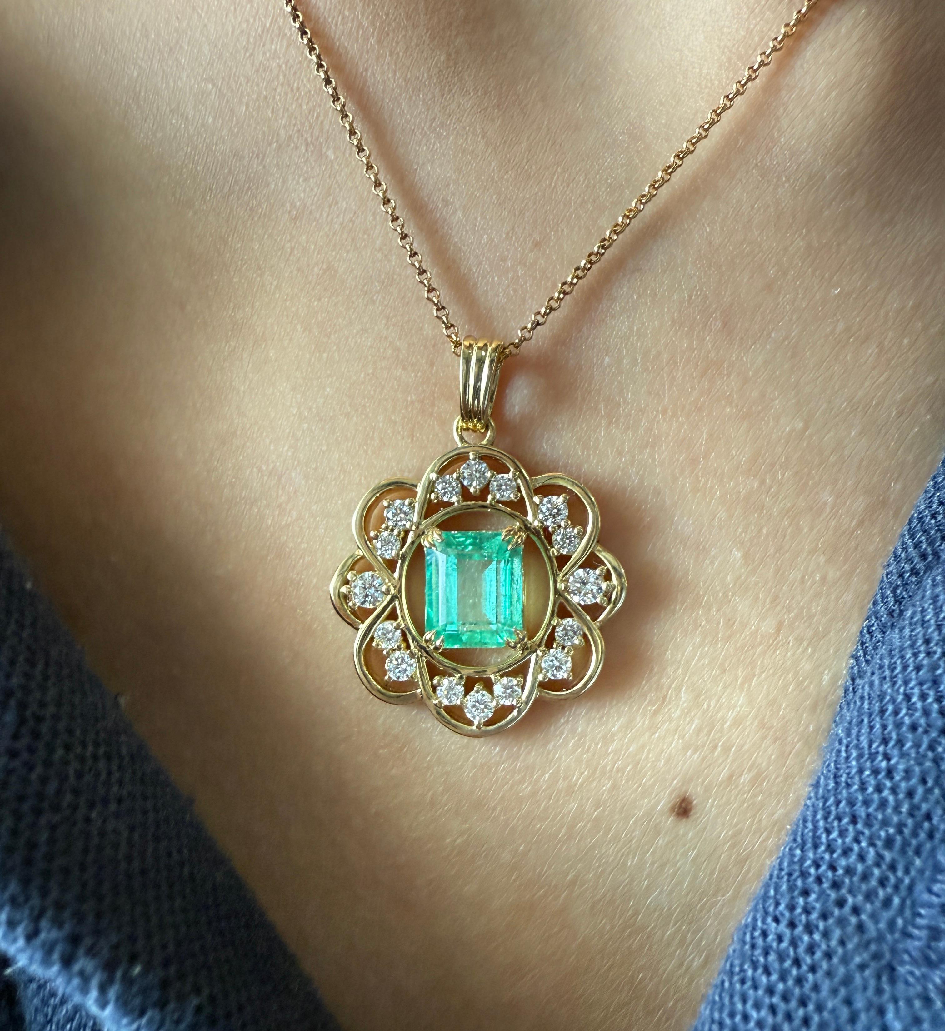 Refined and timeless, this vintage-inspired 18K yellow gold pendant embodies the essence of classic jewelry craftsmanship. At its heart rests a 1.68-carat octagon-cut Colombian emerald, meticulously certified by the esteemed French laboratory