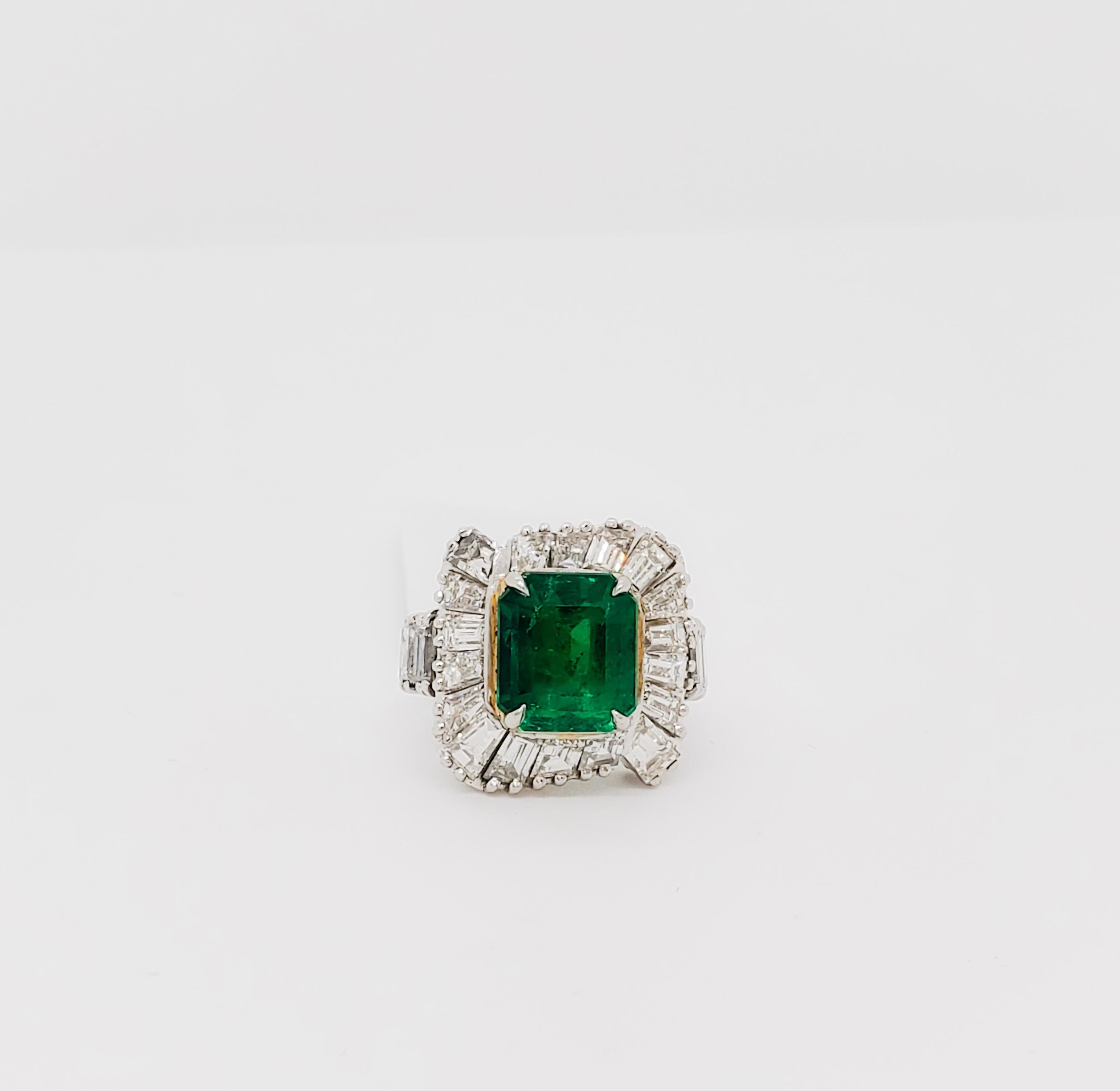 AGL Colombian Emerald Rectangular Emerald Cut and White Diamond Cocktail Ring 1