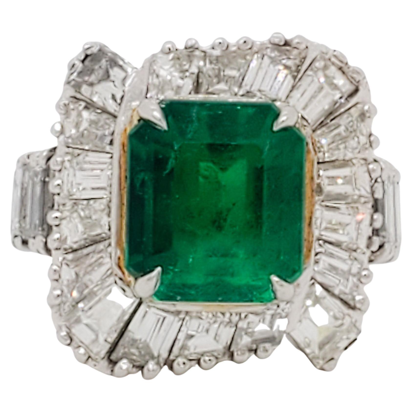 AGL Colombian Emerald Rectangular Emerald Cut and White Diamond Cocktail Ring