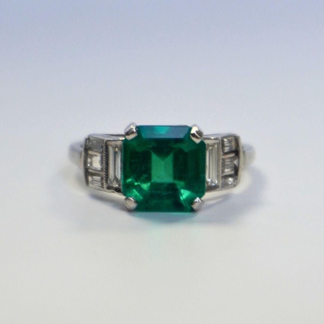 Emerald Cut Colombian Emerald Ring 2.13 Carats, Diamonds, Platinum Ring, Colombian Emerald For Sale