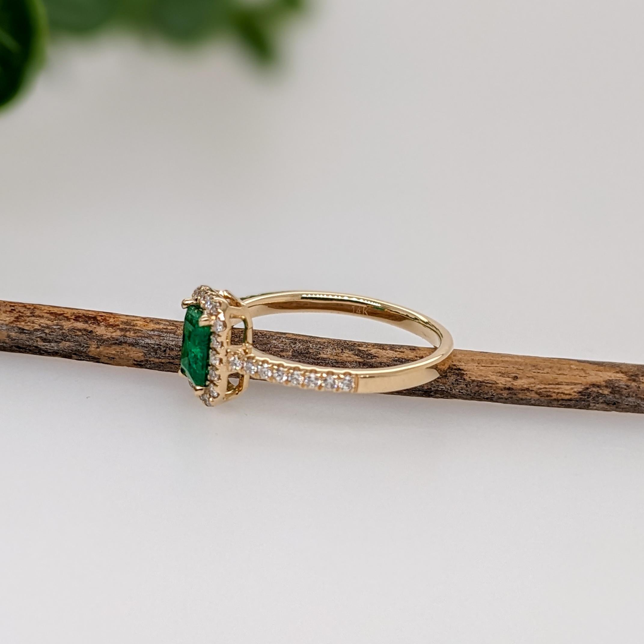 Emerald Cut Colombian Emerald Ring w Earth Mined Diamonds in Solid 14K Gold EM 6x4mm For Sale