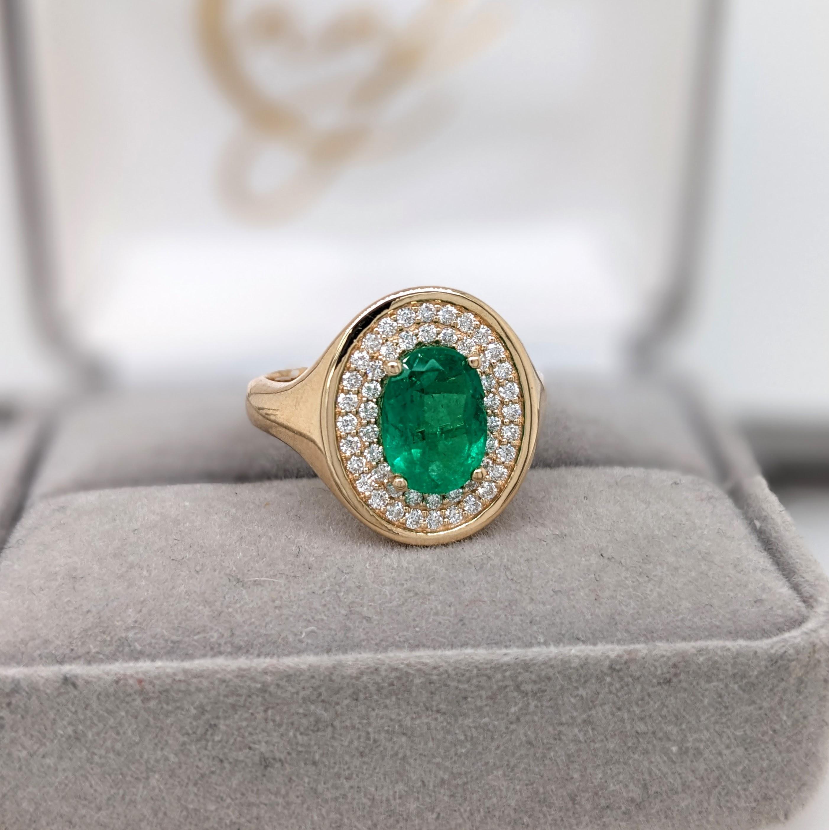 Colombian Emerald Ring w Earth Mined Diamonds in Solid 14K Gold Oval 9x6.5mm For Sale 1