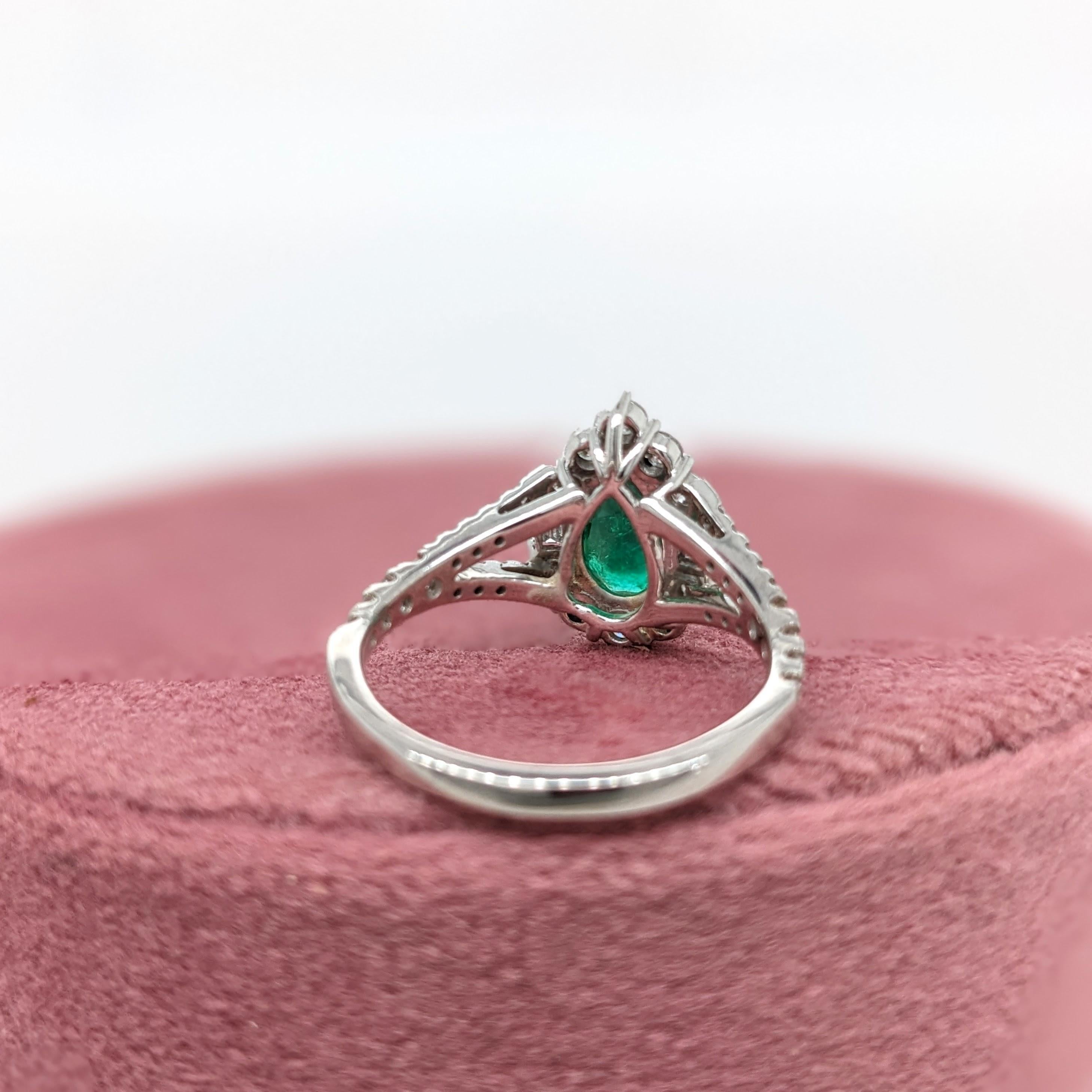 Pear Cut GIA Certified Colombian Emerald Ring w Earth Mined Diamonds in Solid 14K Gold For Sale