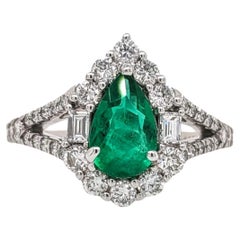 Colombian Emerald Ring w Earth Mined Diamonds in Solid 14K White Gold Pear 8x5mm